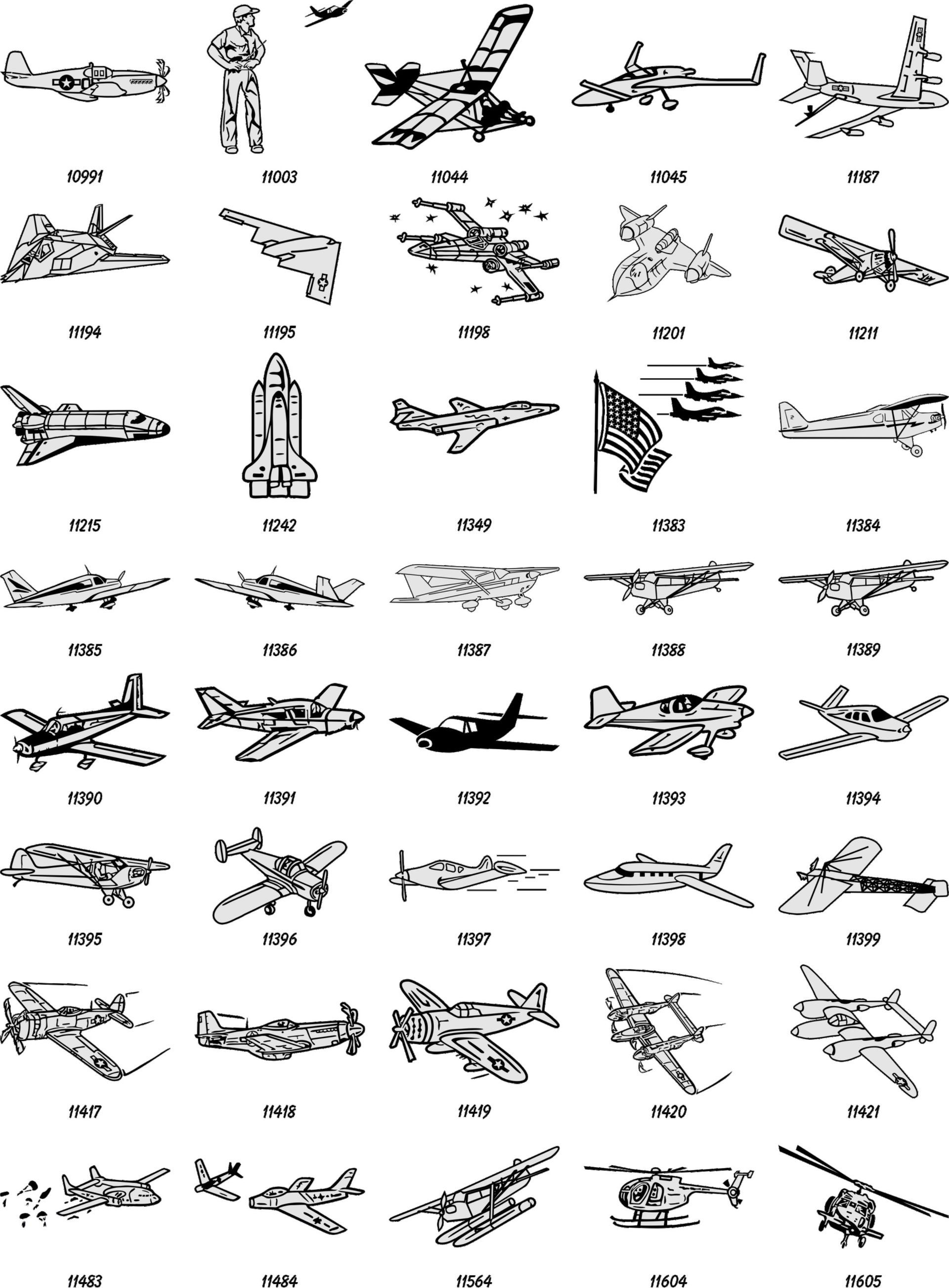 A chart displaying a grid of small, black-and-white iconographic sketches of various aircraft and aviation-related symbols.