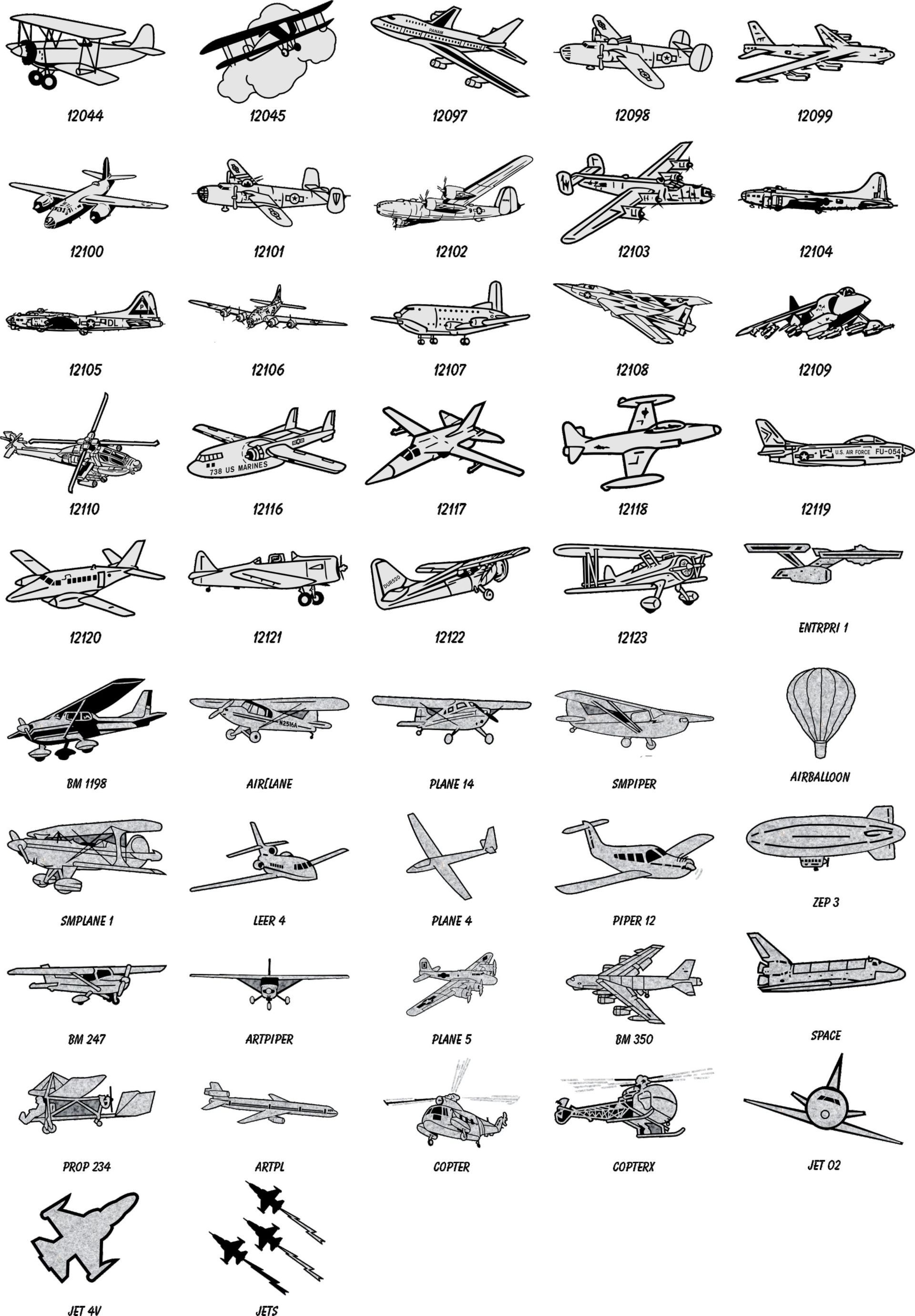 A grid of various black-and-white silhouette illustrations of different types of aircraft, helicopters, and missiles.