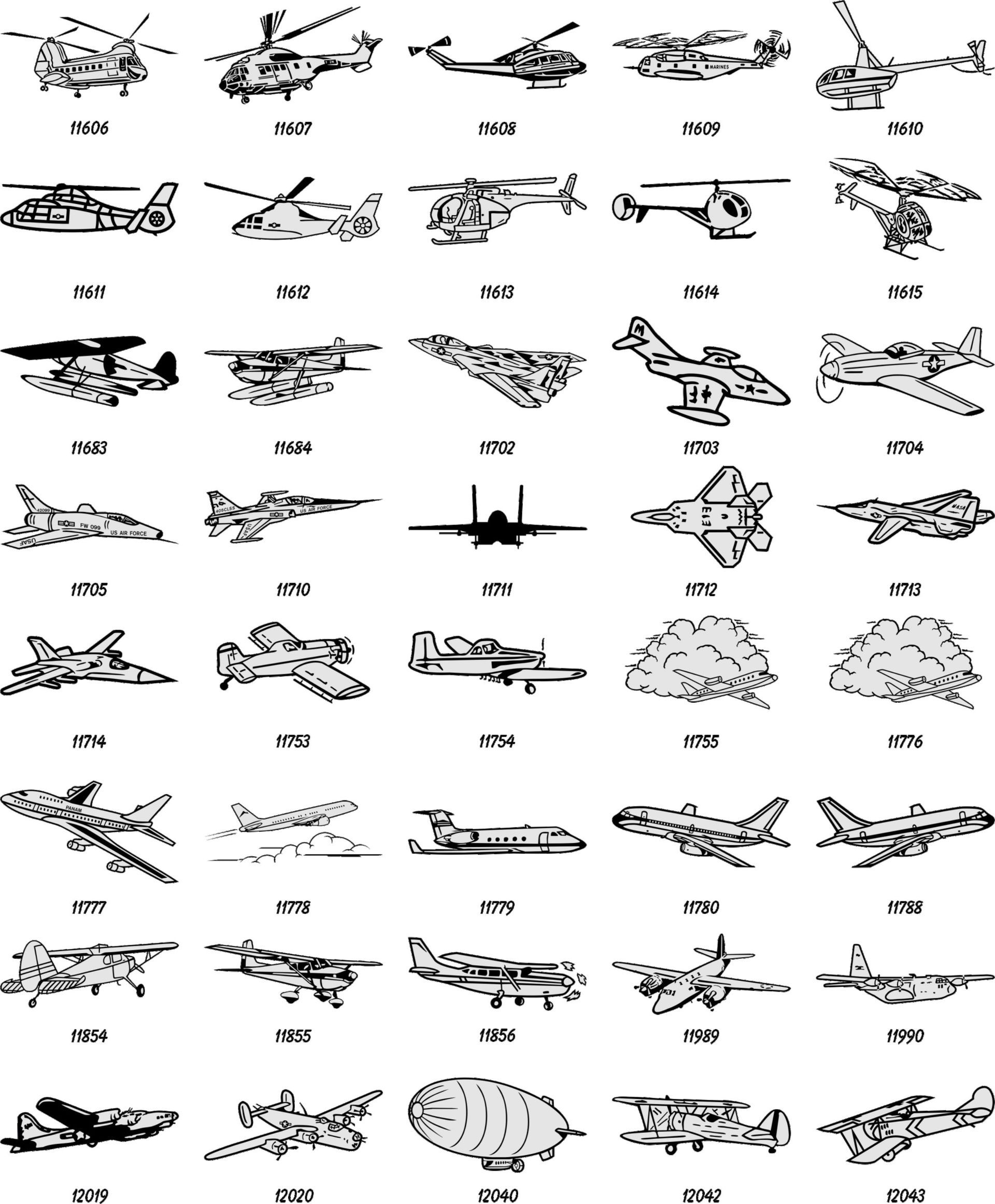 A grid of 40 small, black-and-white silhouettes of various military aircraft and helicopters, labeled with numbers.