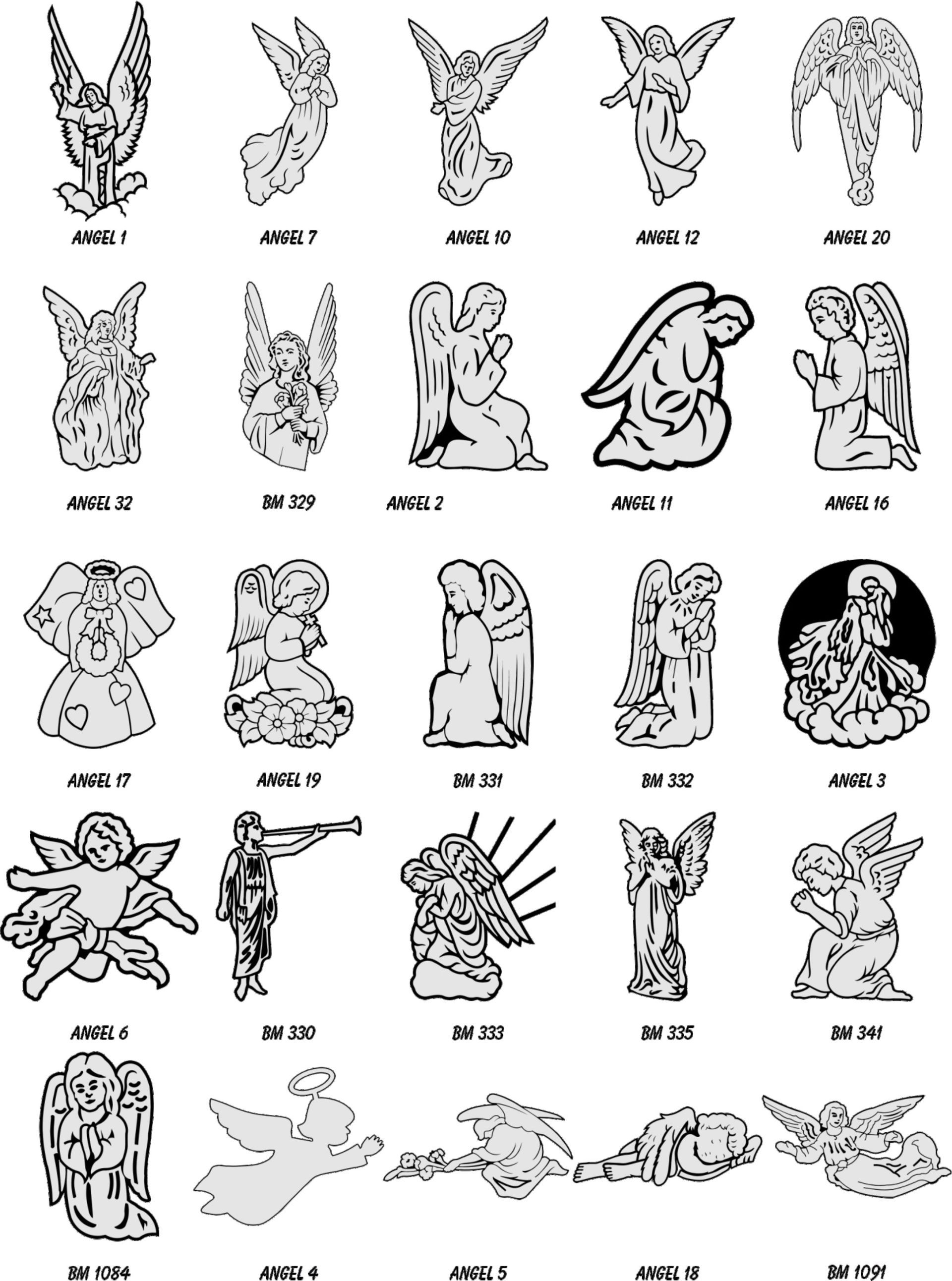 A grid of 25 various black-and-white angel line art illustrations, each labeled with a reference code.
