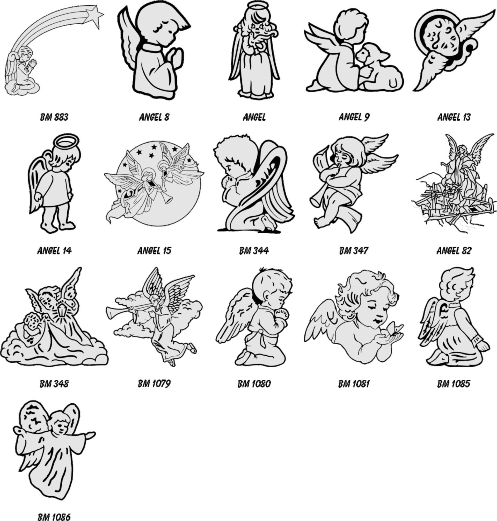 A grid of black-and-white line drawings featuring various angel designs and motifs, labeled with individual reference codes.