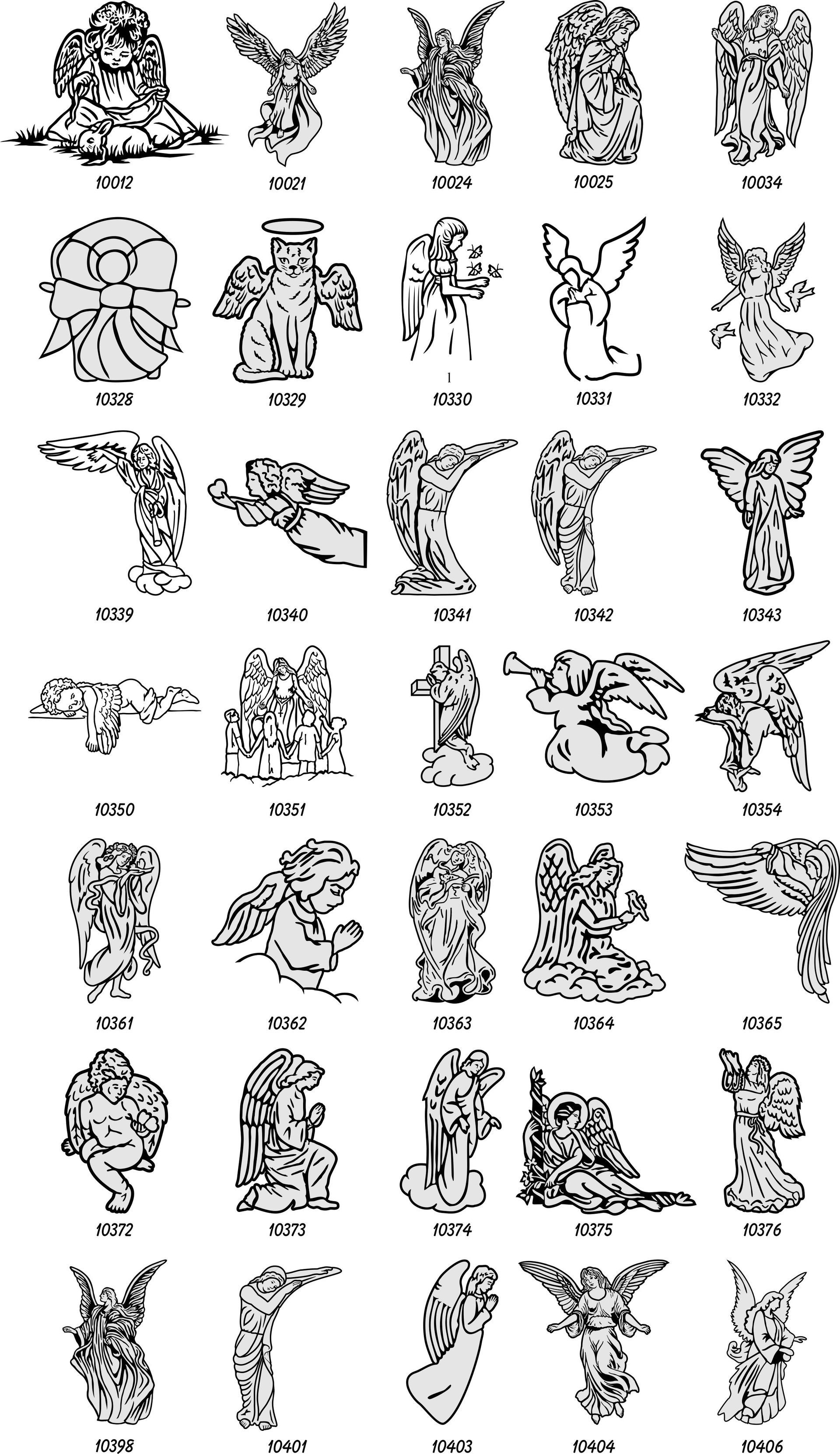 A grid of thirty-five individual black-and-white line drawings featuring various angel figures in different poses.