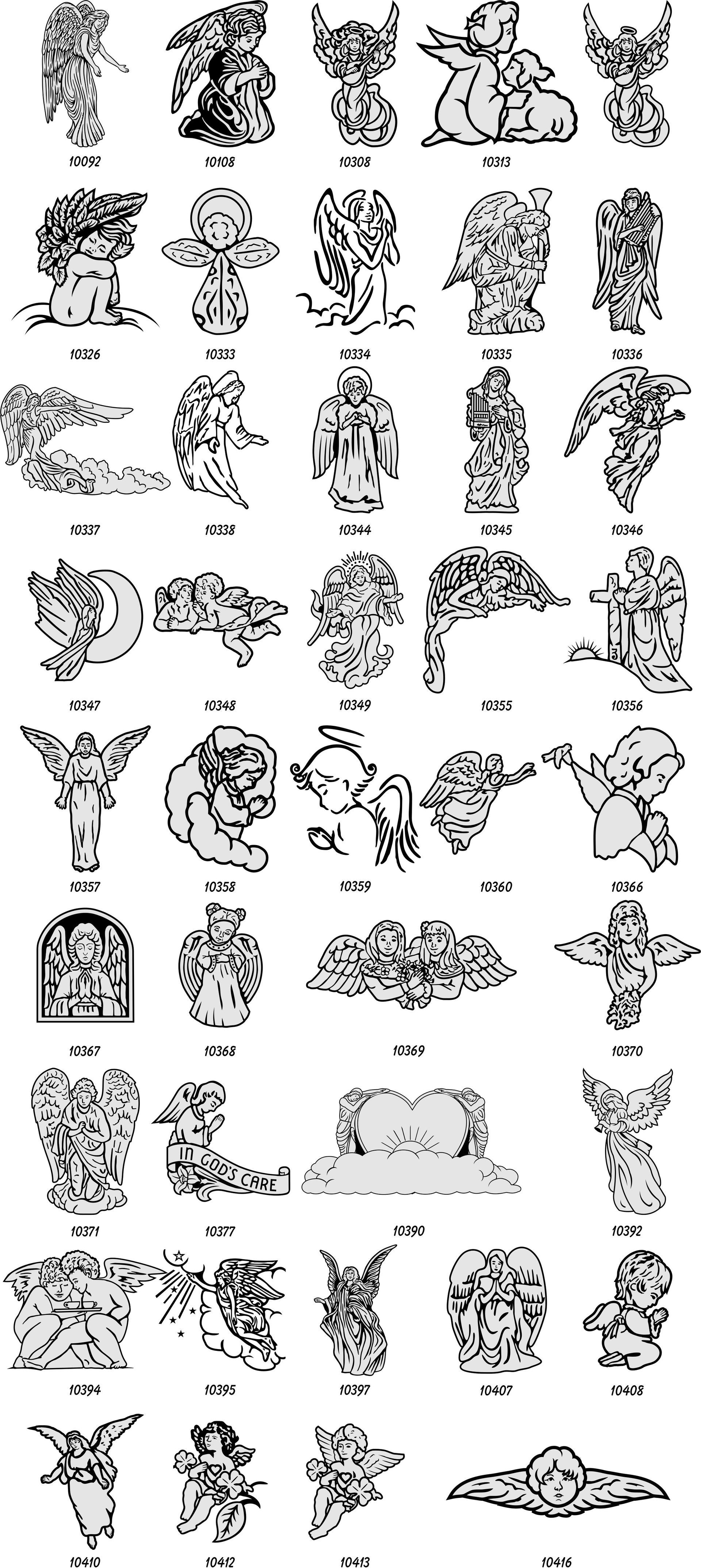 A grid of 45 small, detailed black-and-white ink sketches illustrating various classical decorative motifs and figures.