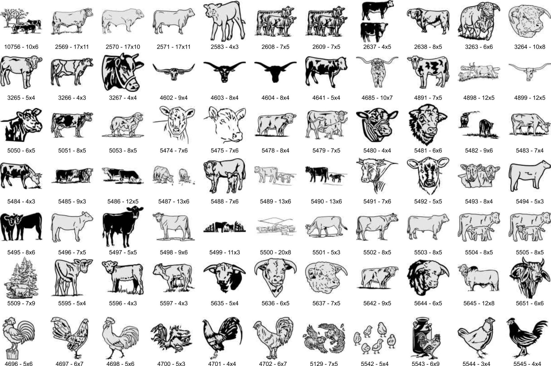 A grid of black-and-white icon illustrations showing various cattle and chickens, labeled with small numbers.