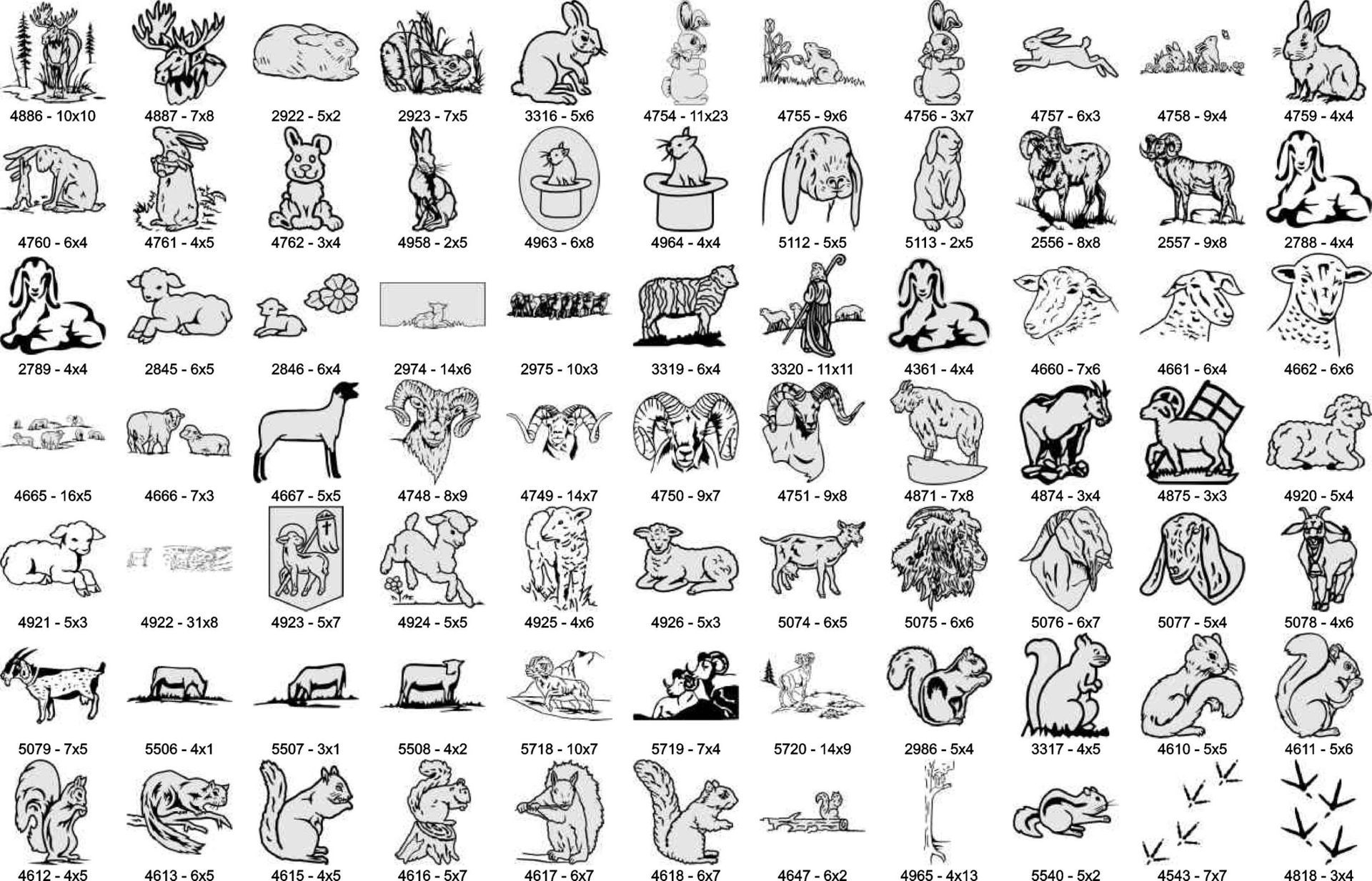 A grid of over 80 small, black-and-white clip art illustrations featuring various animals like sheep, goats, and squirrels.
