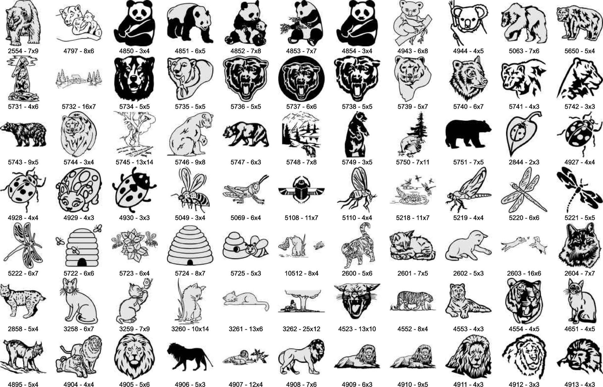 A grid of many black-and-white animal icons, including pandas, bears, insects, bees, cats, and lions.
