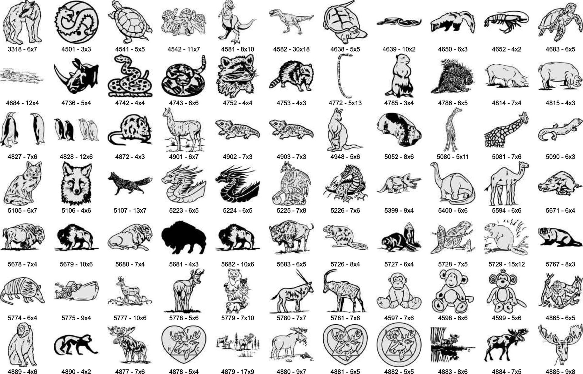 A collection of black-and-white line drawings of various animals, arranged in a grid with numerical codes underneath.