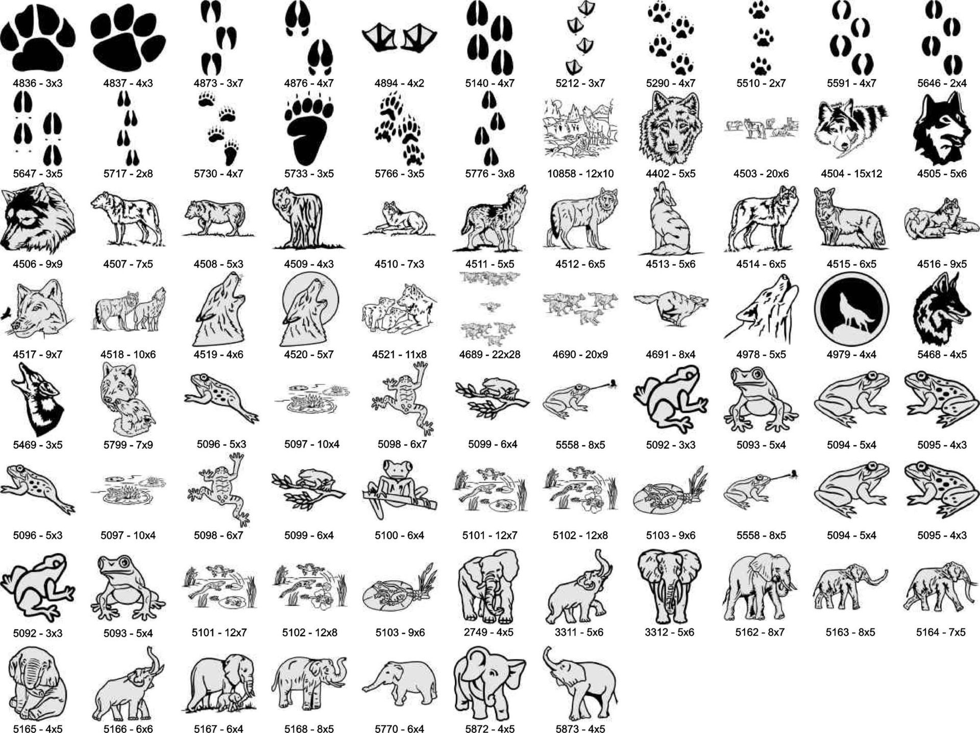 A grid of monochrome animal icons, including footprints, wolves, frogs, and elephants, identified by alphanumeric codes.