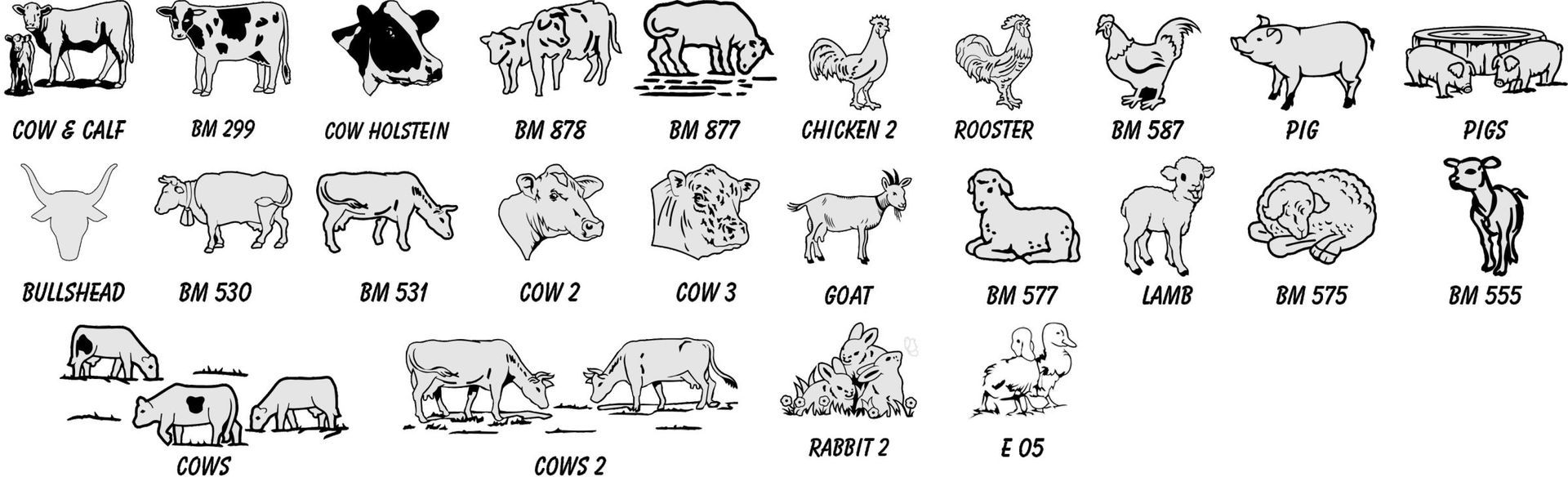 A grid of black-and-white farm animal illustrations, each labeled with its name, including cows, pigs, sheep, and poultry.