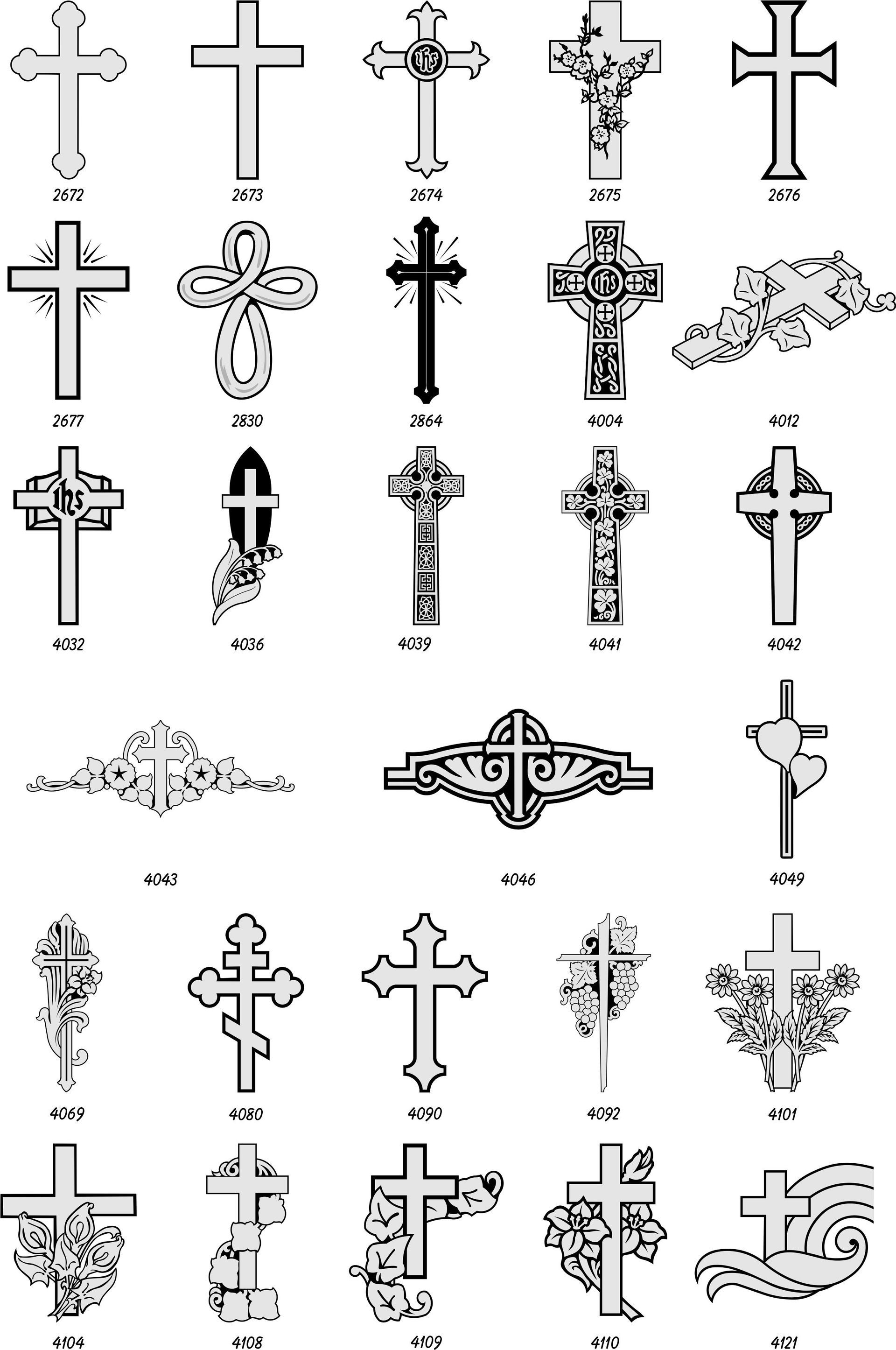 A grid of 30 various decorative Christian cross designs, ranging from simple to ornate styles, for memorial engravings.