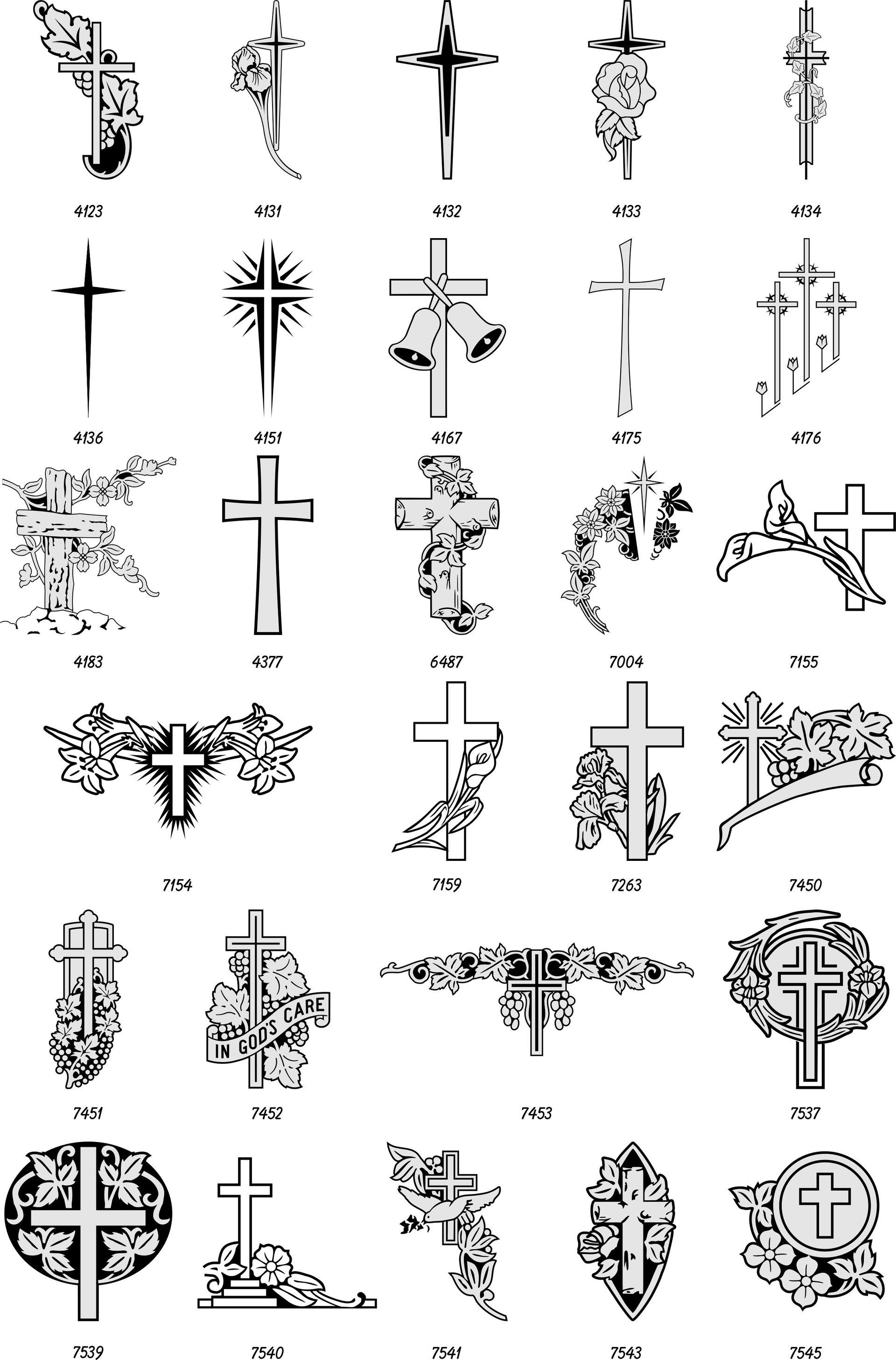 A grid of 30 black-and-white artistic cross designs, featuring various floral, geometric, and decorative embellishments.