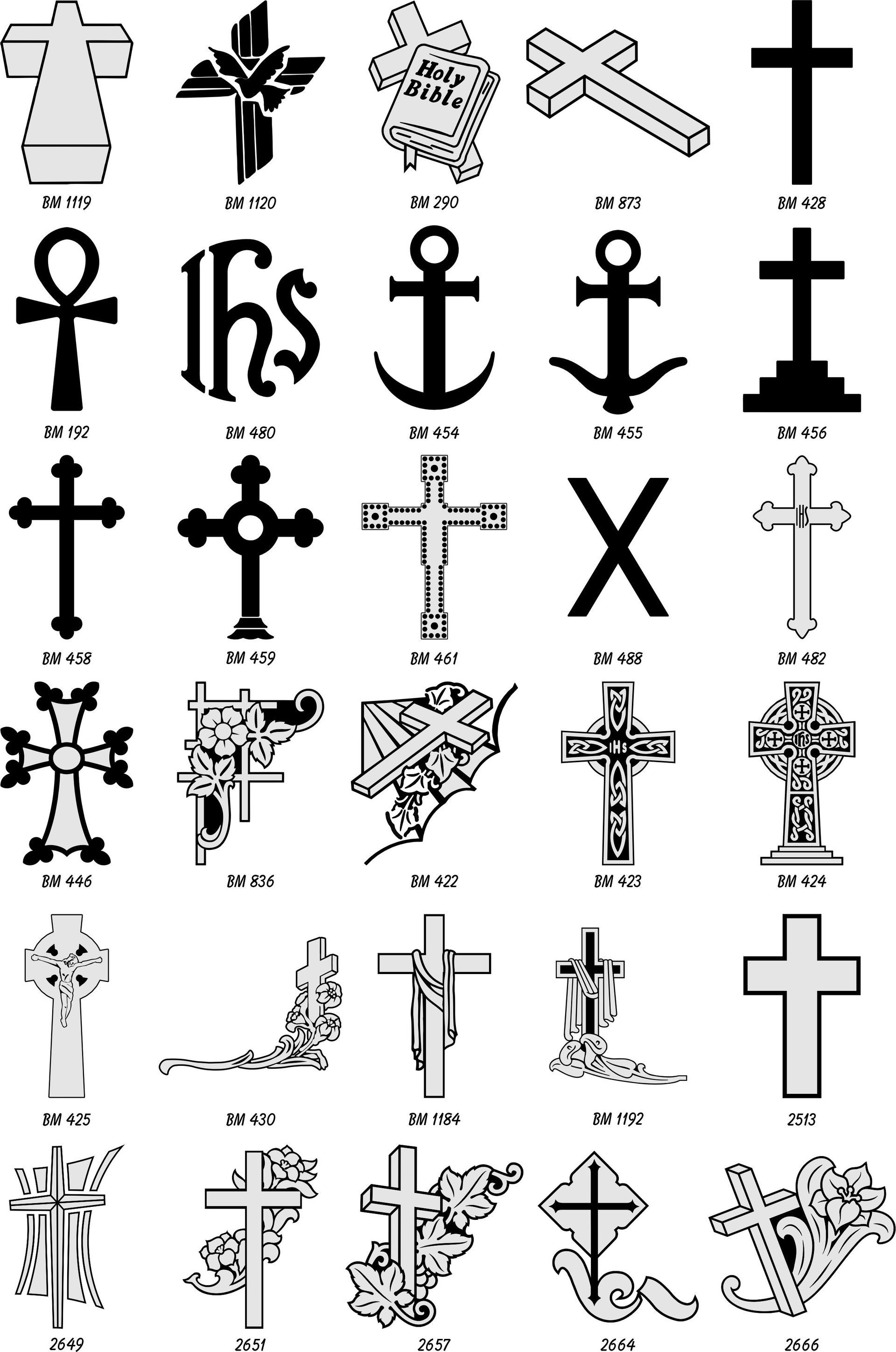 A grid of thirty black and white graphic illustrations depicting various styles of Christian crosses and religious symbols.