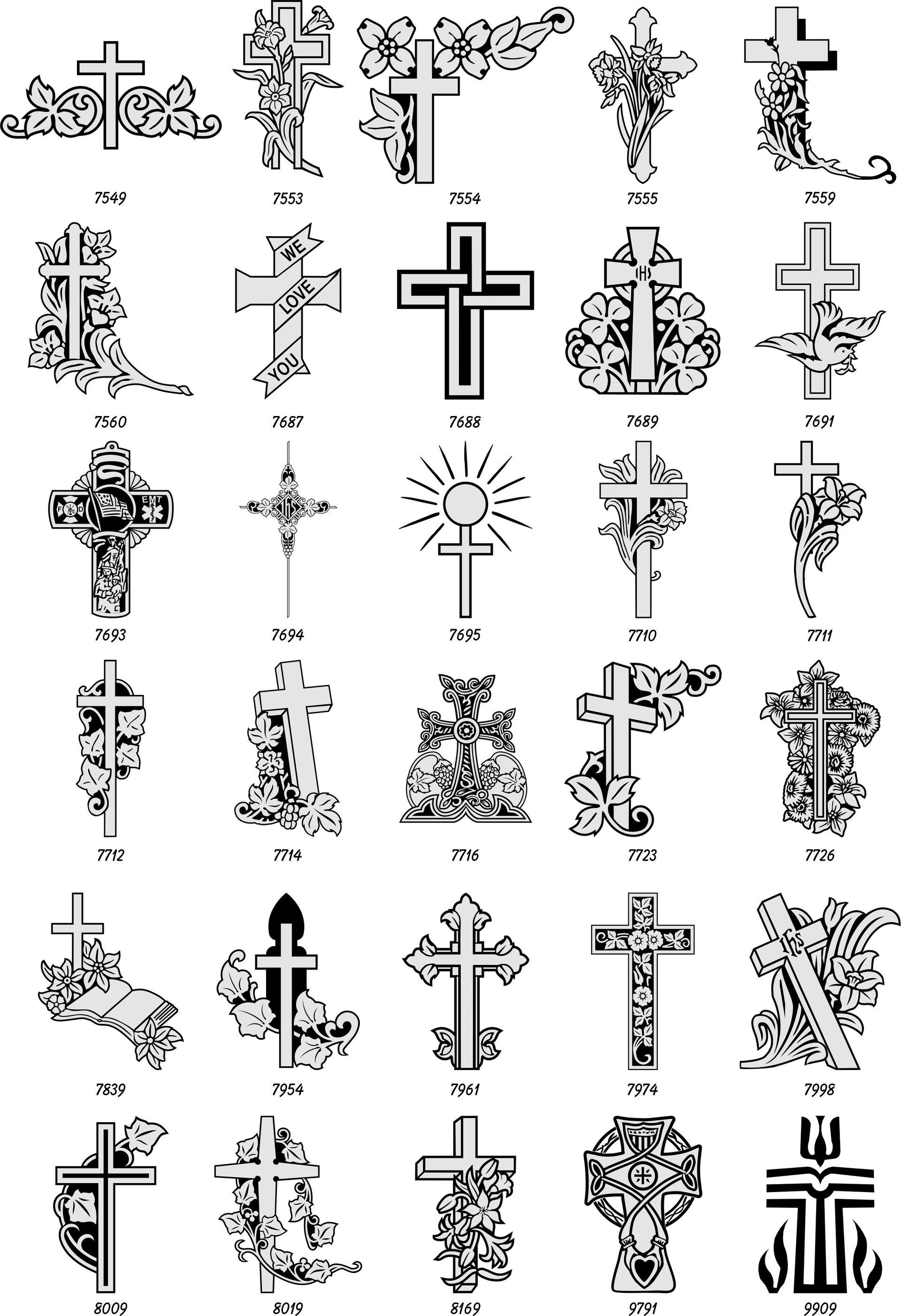 A grid of thirty unique black-and-white graphic designs of crosses, ranging from simple styles to ornate floral patterns.
