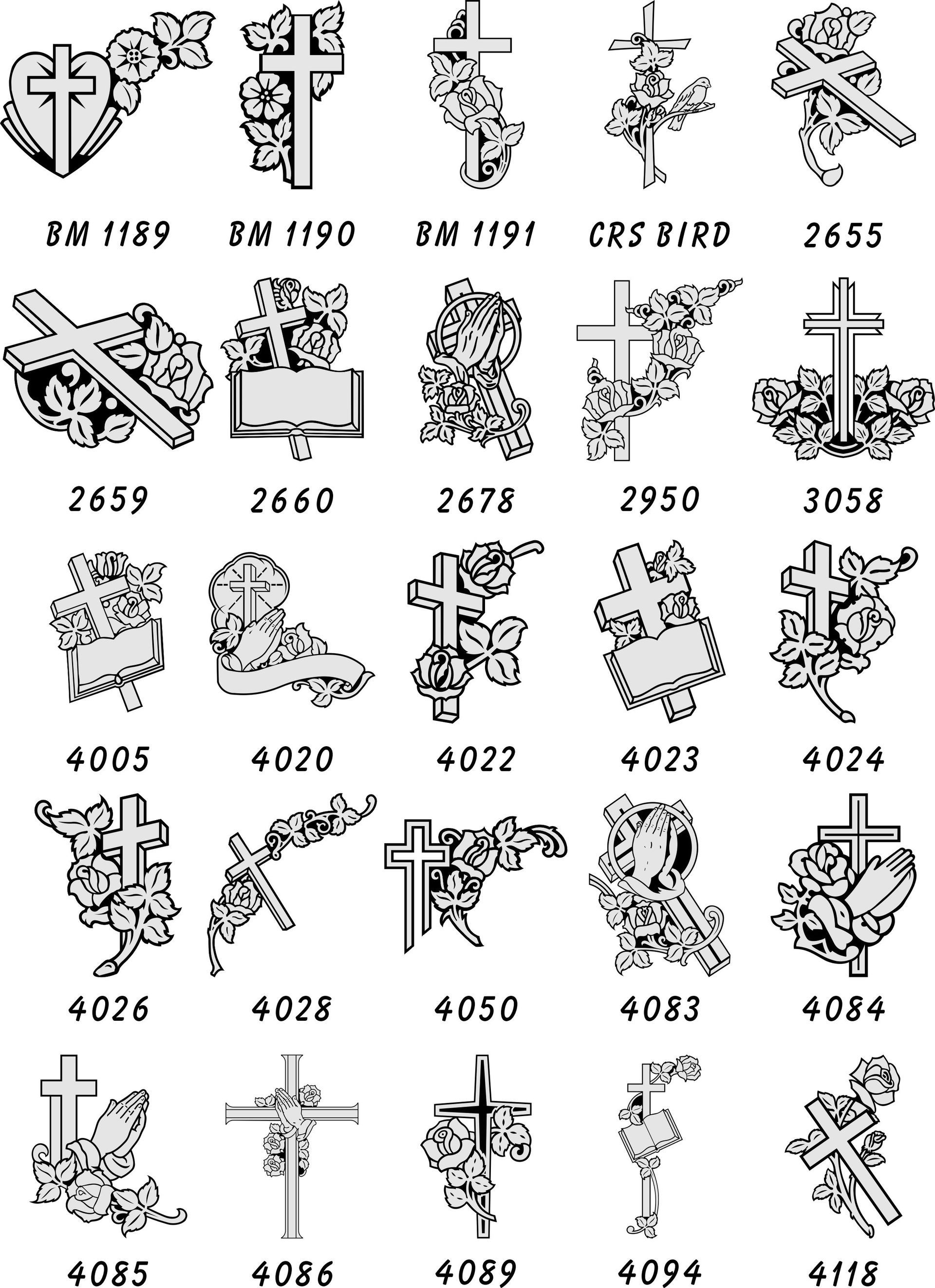 A grid of 25 black-and-white engraving designs, mostly featuring crosses and floral patterns for memorial monuments.