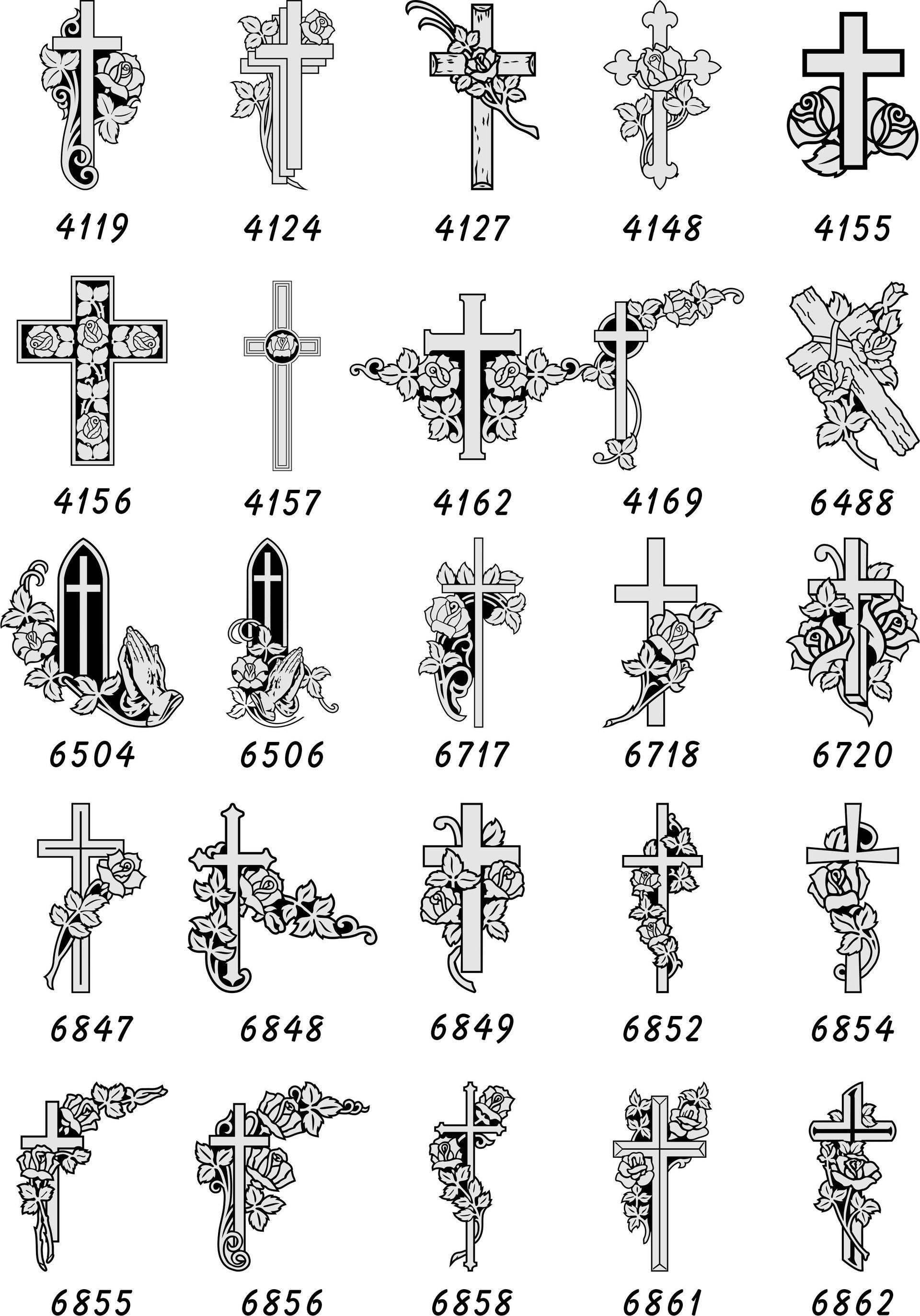 A catalog of twenty-five unique black-and-white line art designs featuring floral crosses, each labeled with a number.