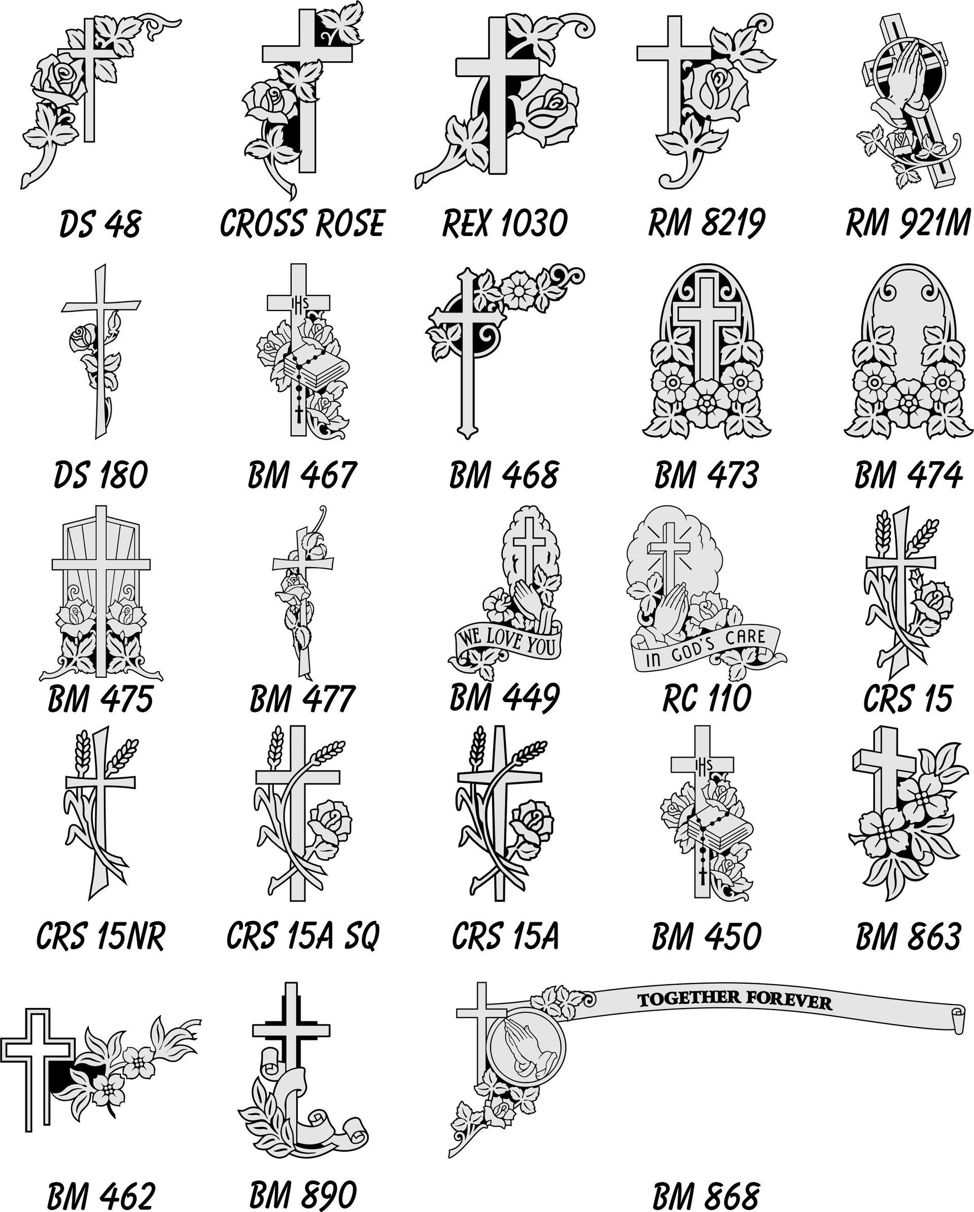 A grid of black-and-white line art designs featuring floral motifs and Christian crosses for gravestone engraving.