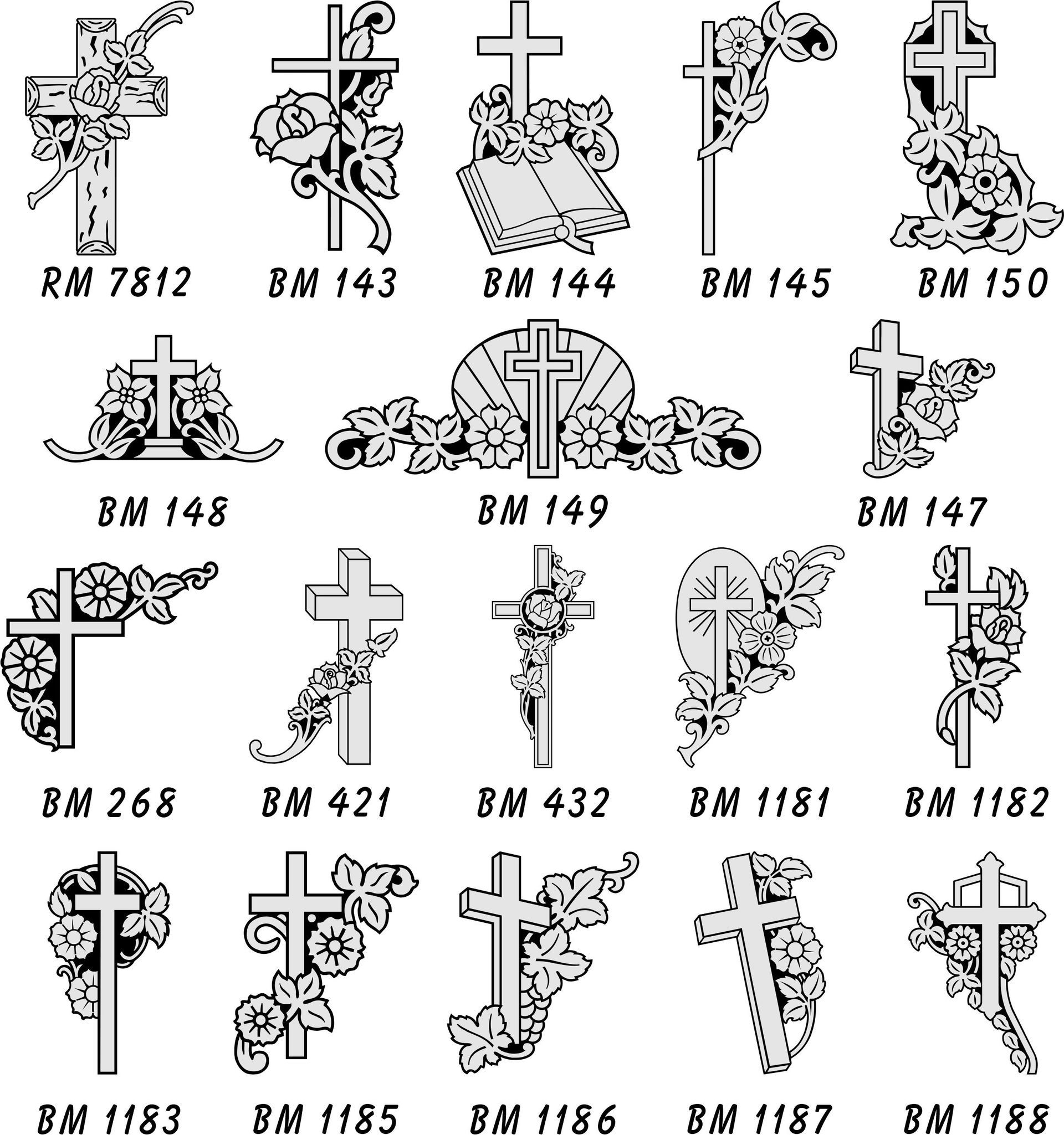 A grid of black-and-white line art designs featuring various floral and religious cross motifs for monument engraving.