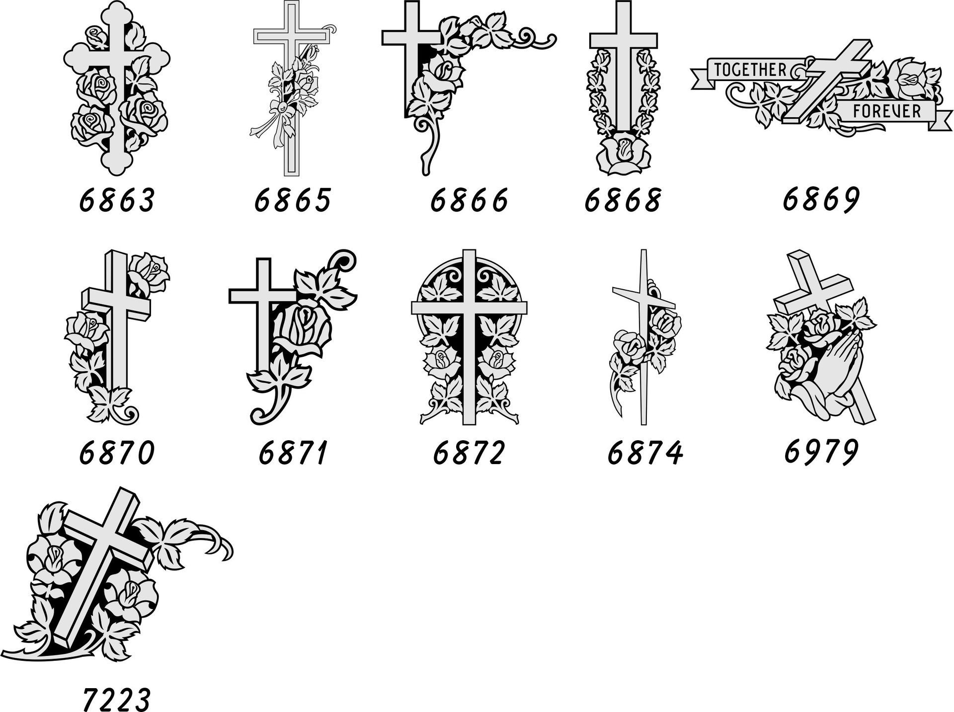 An image displaying eleven different black-and-white line art designs of crosses decorated with roses, numbered 6863-7223.