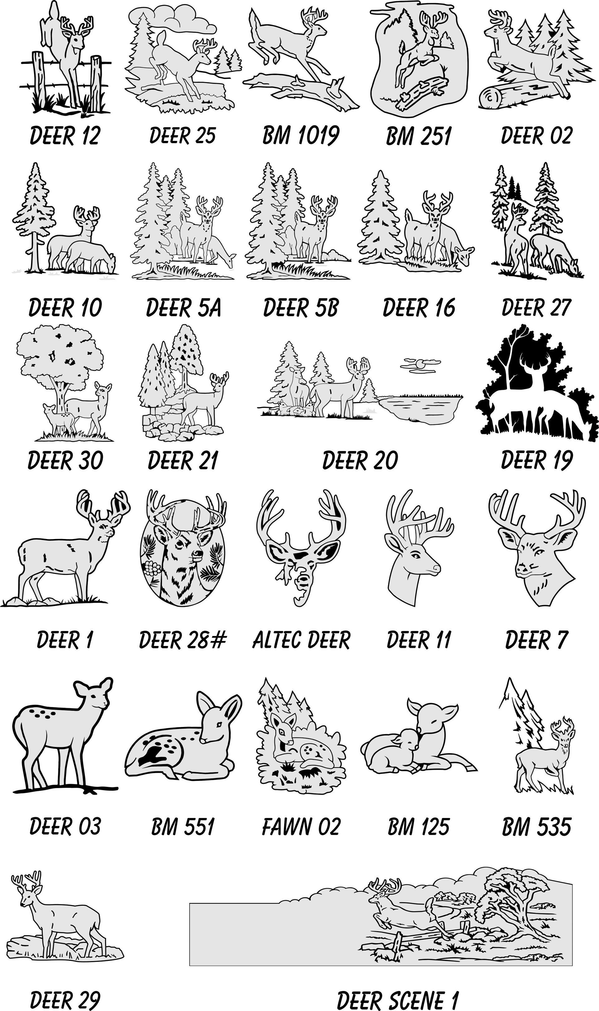 A grid of black-and-white line art illustrations featuring various deer, antlers, and nature scenes, each labeled with code.