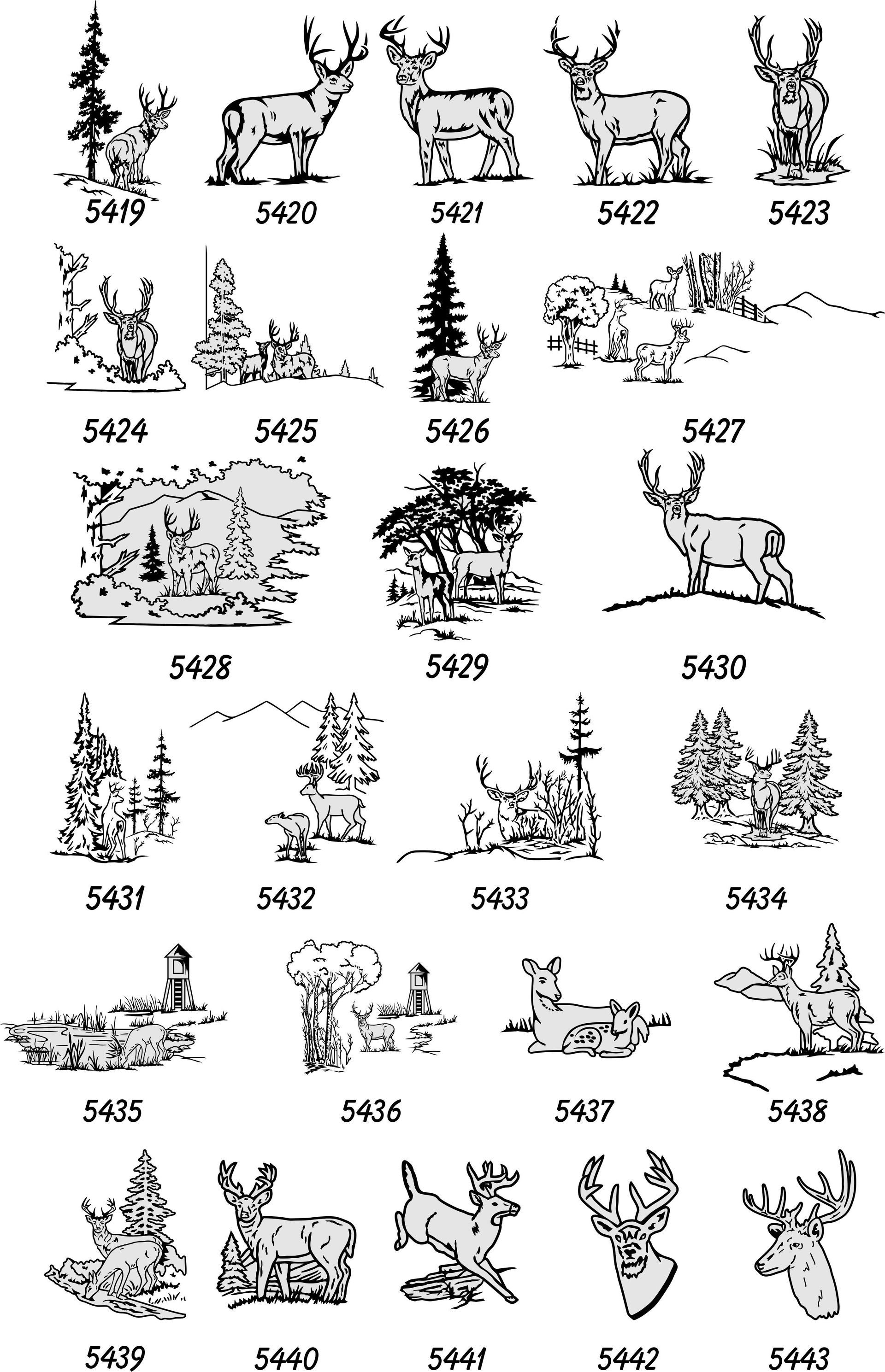 A catalog of small, black-and-white nature illustrations featuring deer in various forest and landscape settings.