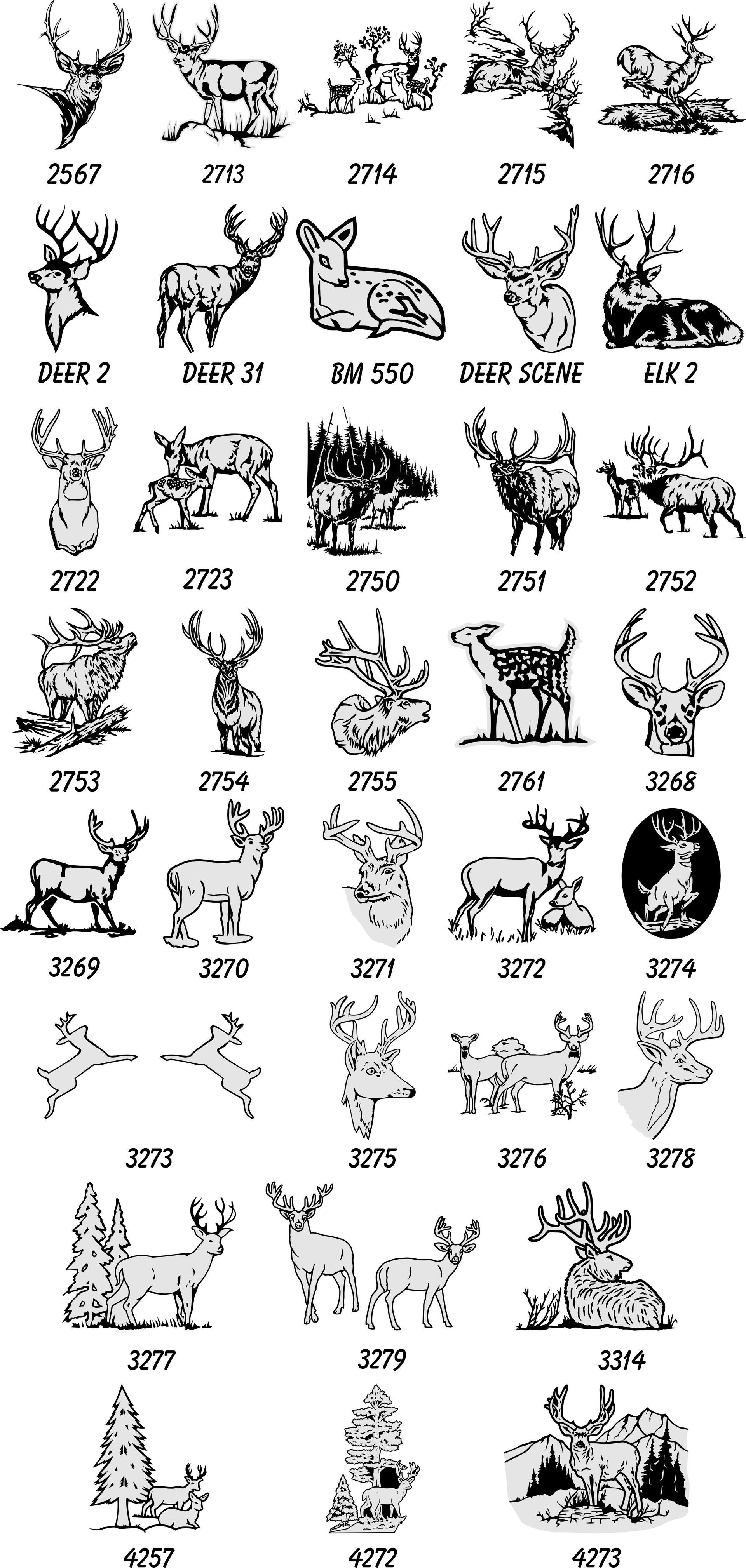 A collection of 35 diverse deer illustrations arranged in a grid, each labeled with a corresponding identification number.