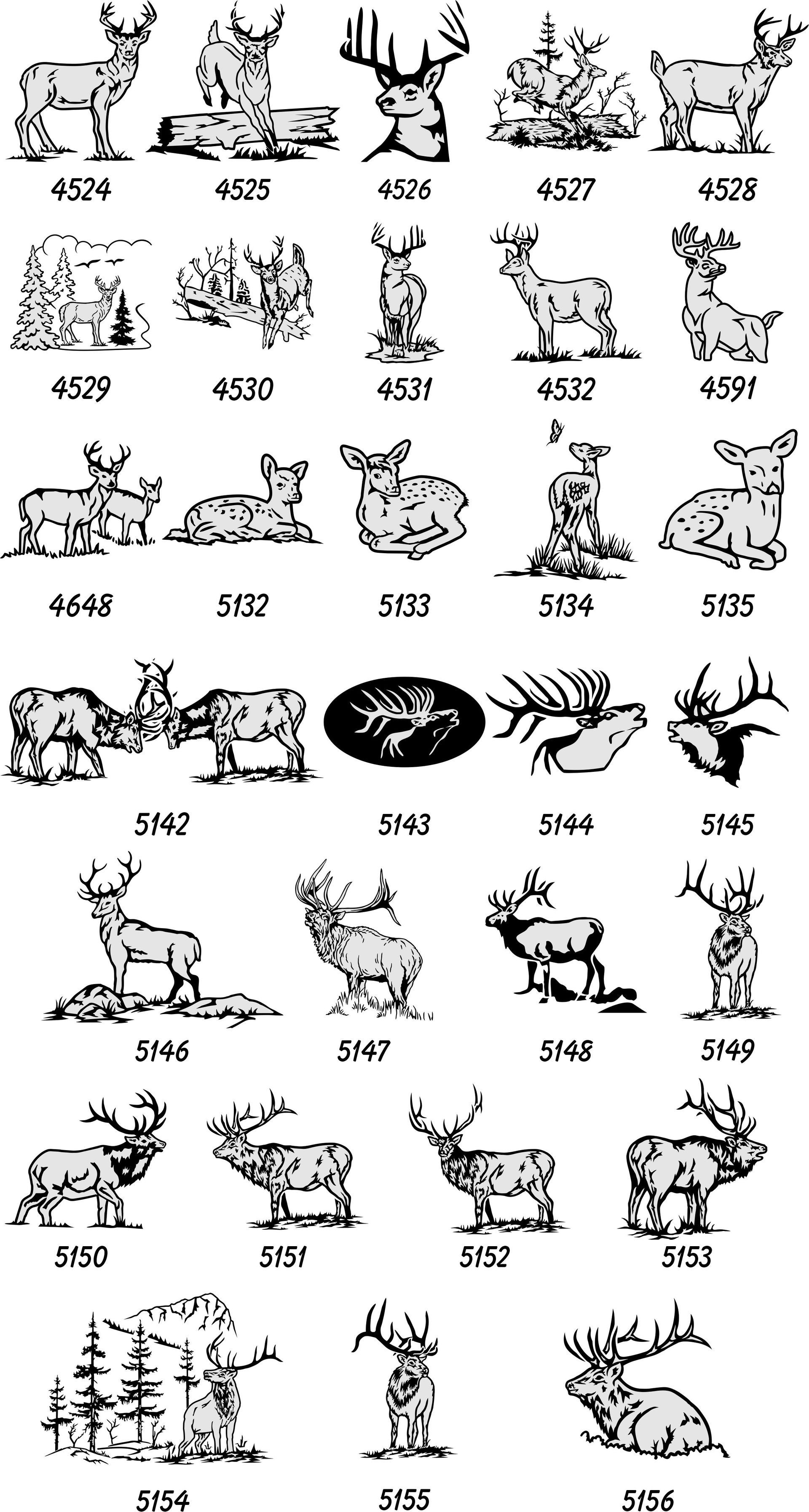 A grid of black-and-white line art illustrations featuring various deer and elk in different poses and natural settings.