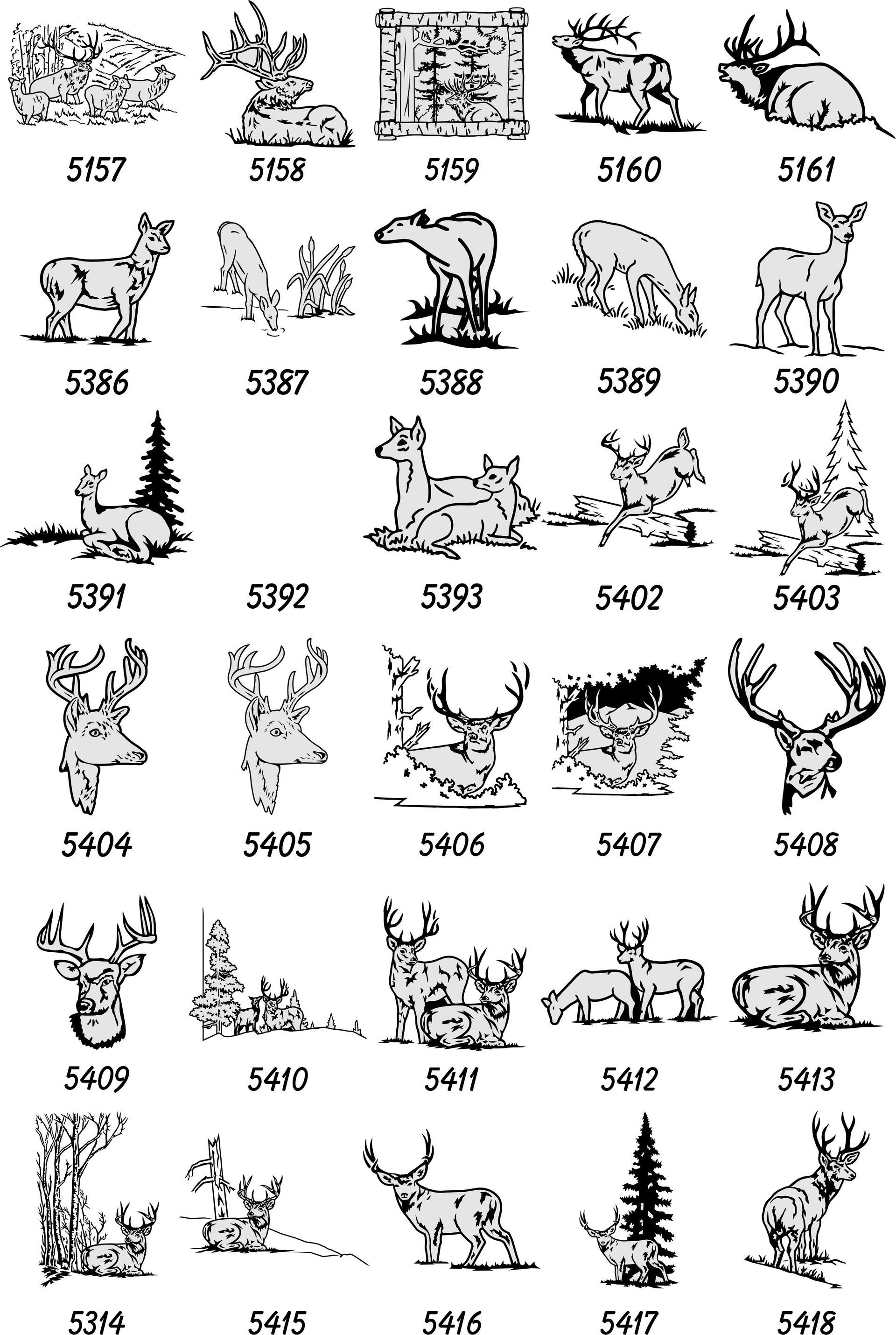 A grid of black-and-white wildlife sketches featuring deer, elk, and bears, each labeled with a unique identification number.