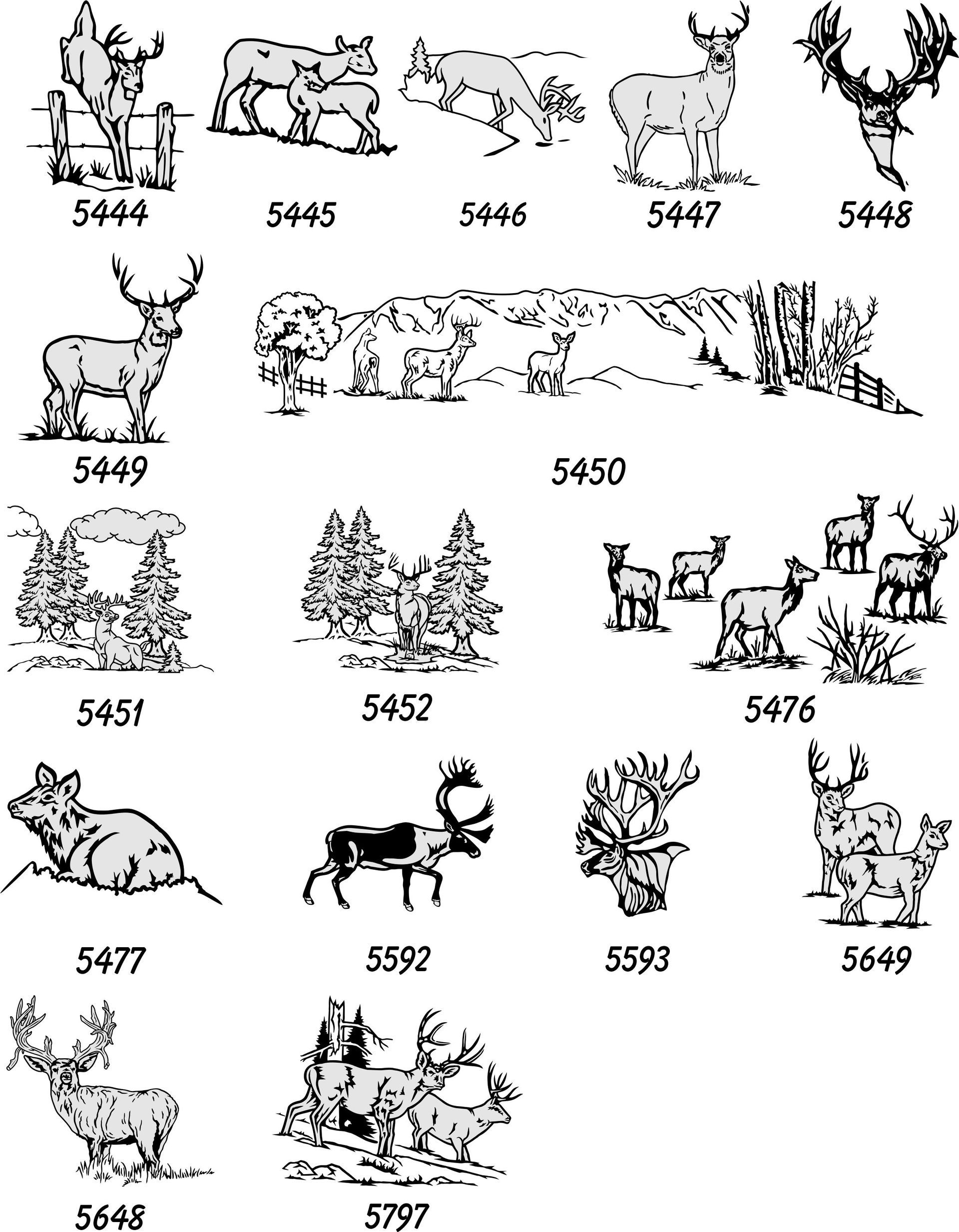 A collection of small, numbered line-art illustrations featuring various deer and elk in different poses and settings.