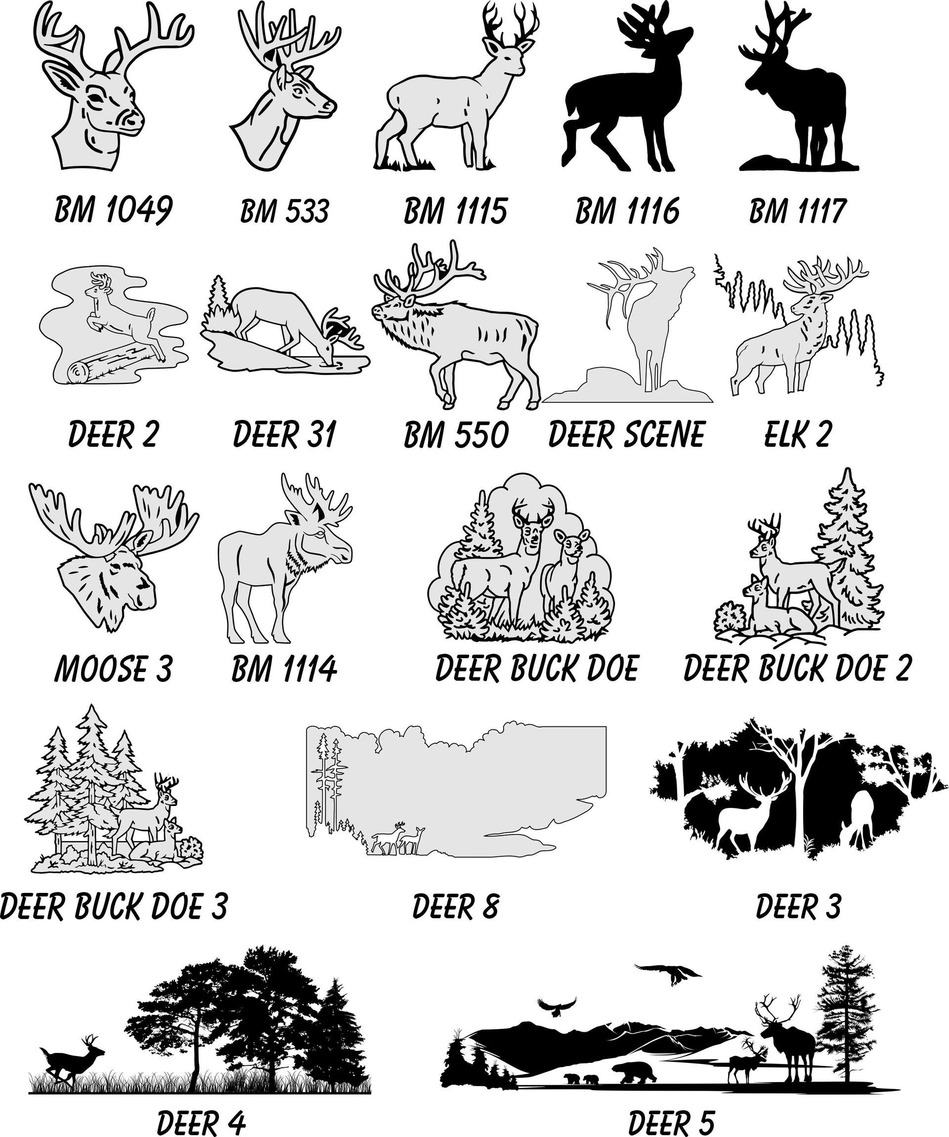 A grid of black-and-white wildlife clip art silhouettes featuring deer, elk, moose, and forest scenes with labels.