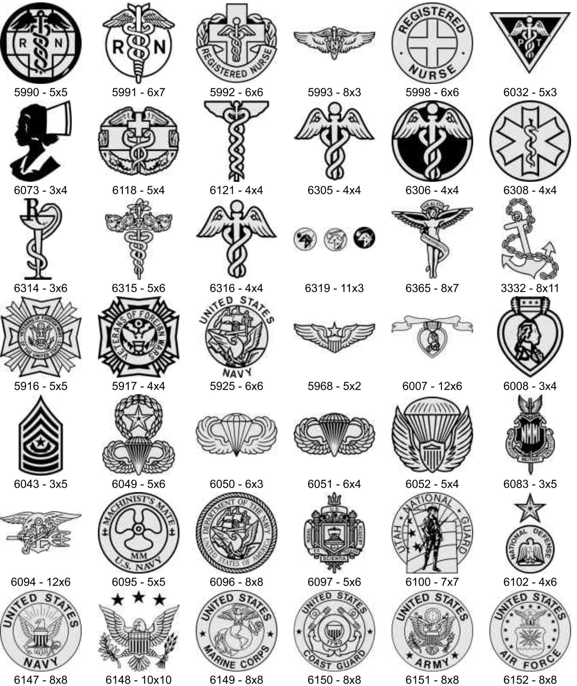 A grid of various black-and-white military, medical, and professional emblems and insignias.
