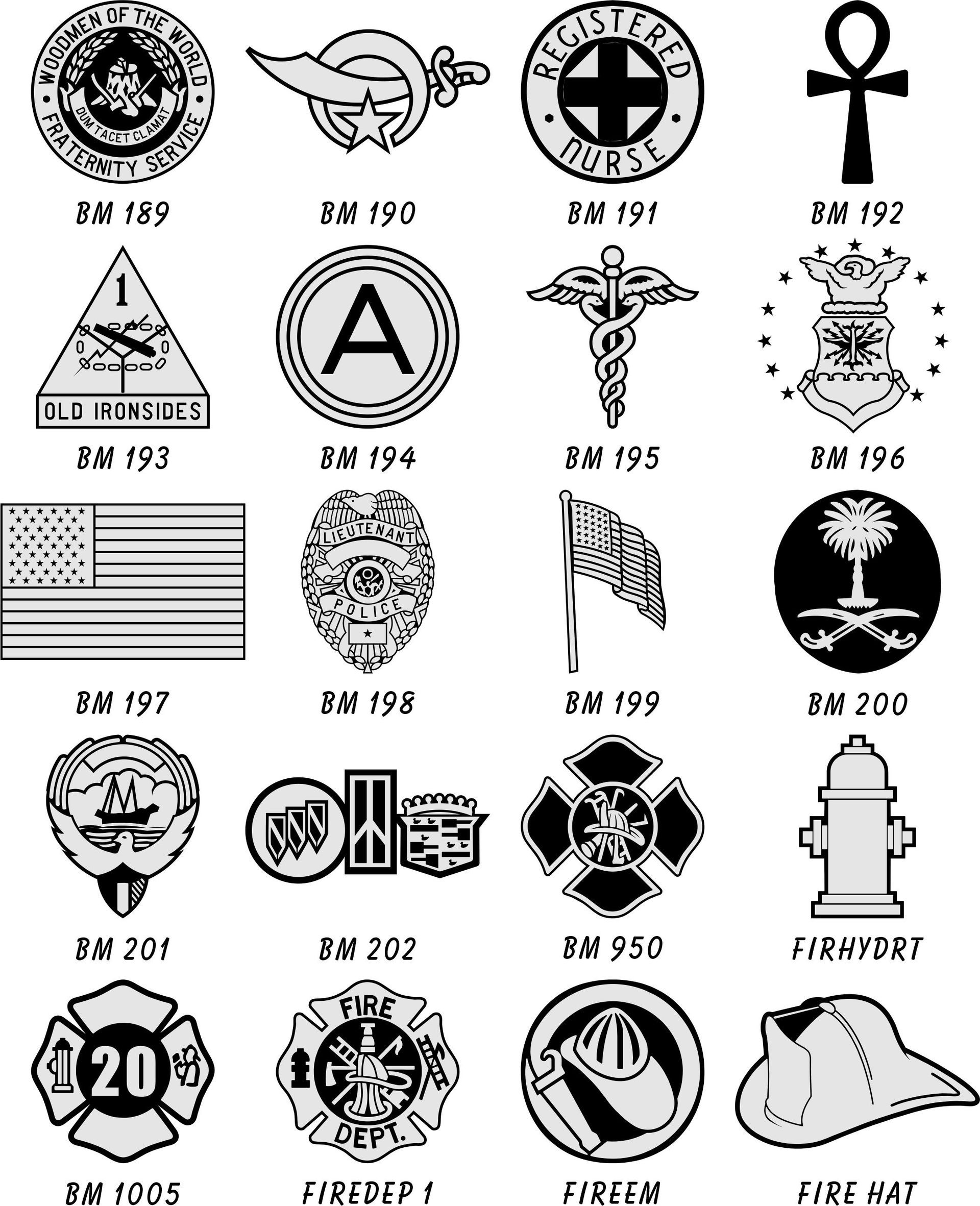 A grid of various black-and-white emblems, military insignias, and firefighter-related symbols with numerical labels.