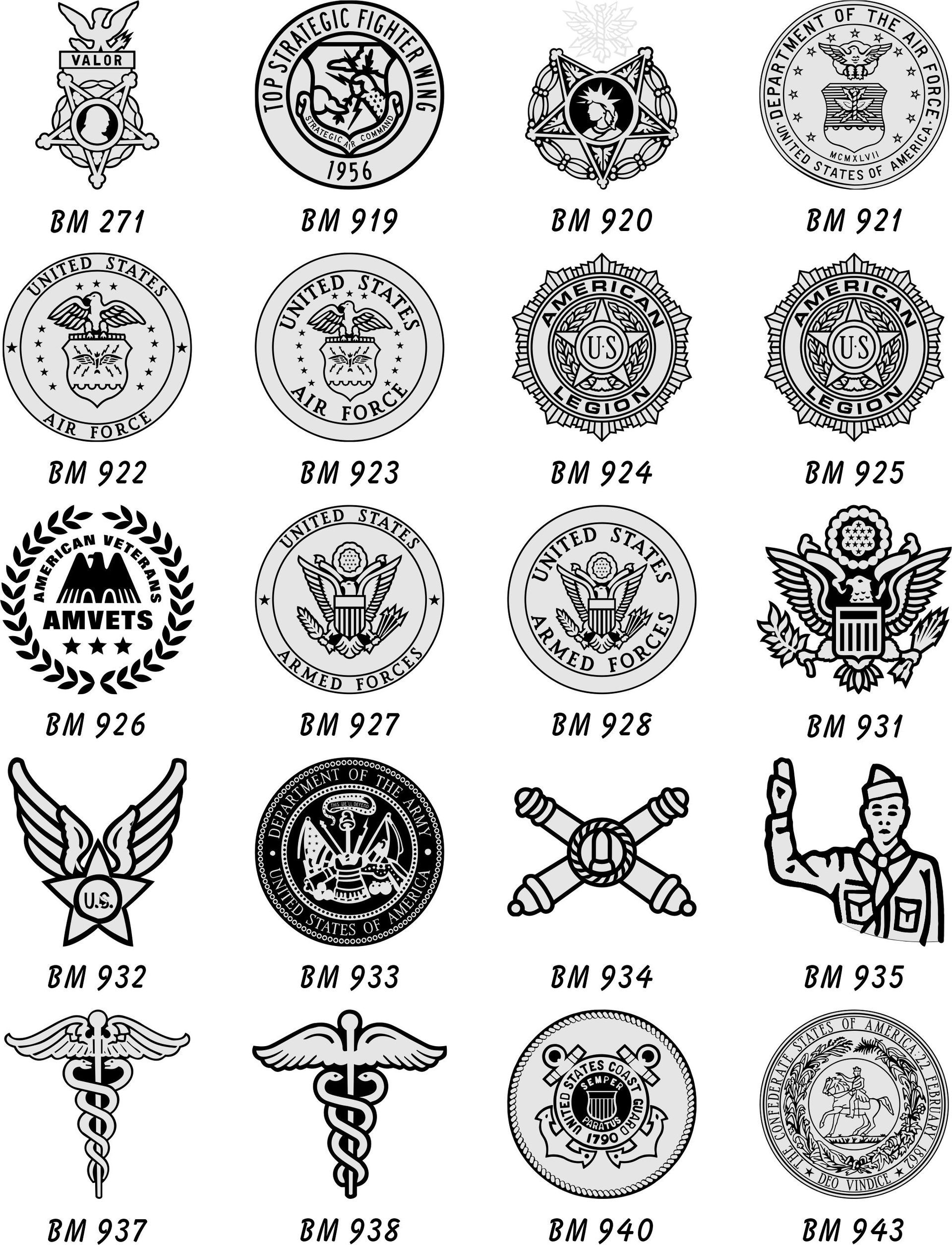 A collection of 20 black-and-white military and organization emblems arranged in a grid, each labeled with a code number.