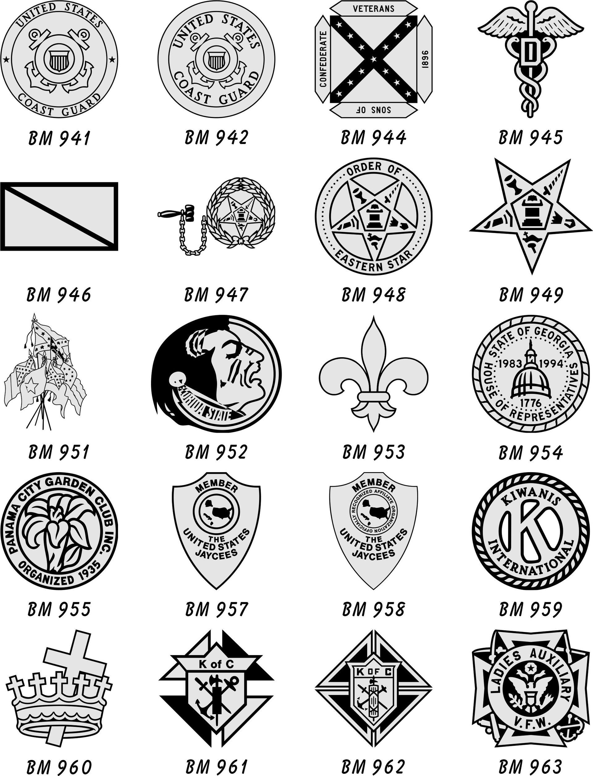 A grid of 20 black-and-white circular and emblem-style logos, seals, and symbols labeled with codes like BR 941 to BR 963.