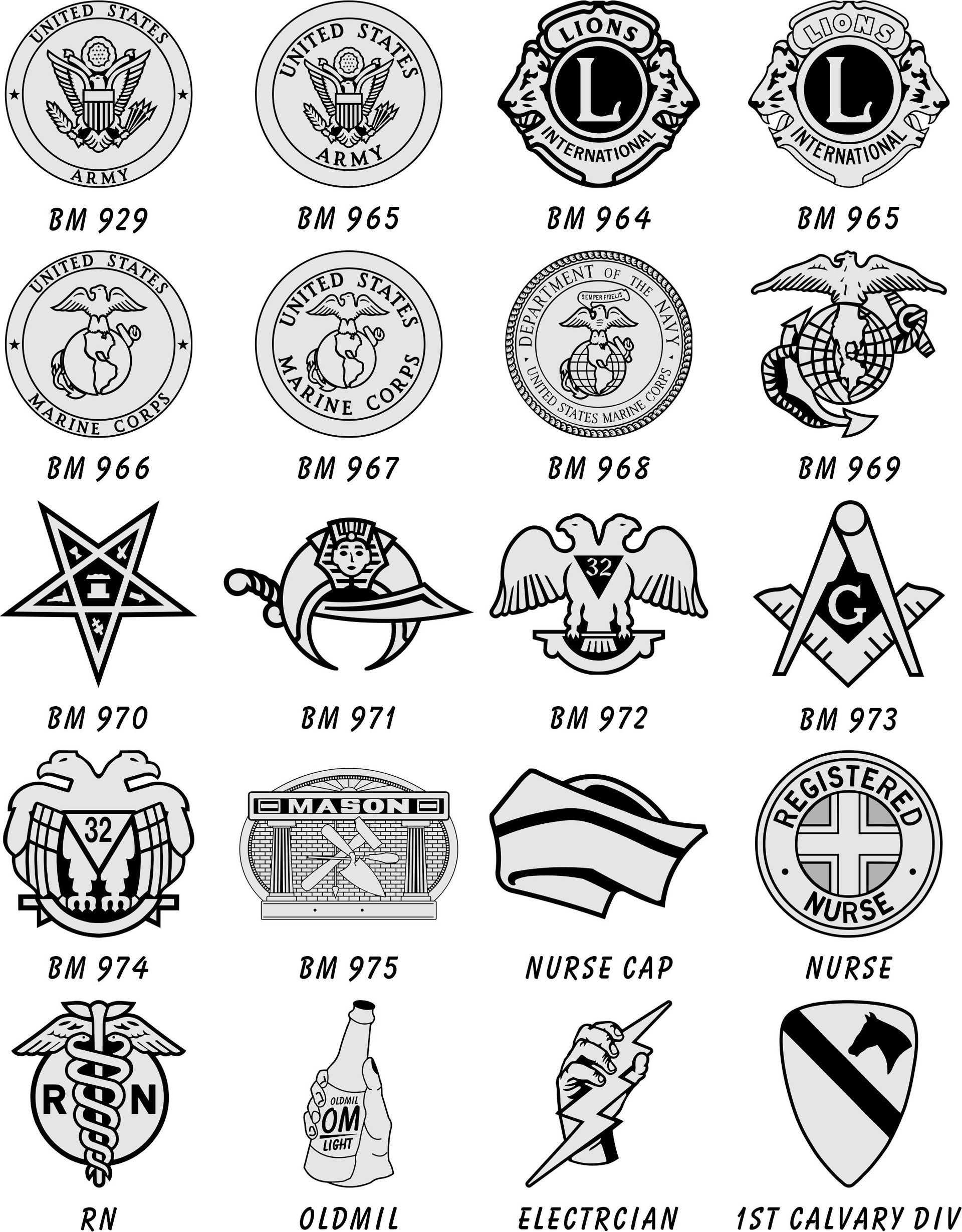 A grid of black-and-white emblems and logos, each labeled with a reference code, including military and fraternal symbols.