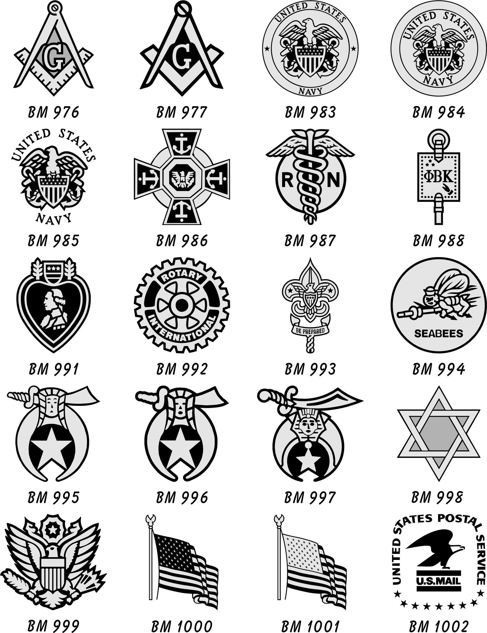 A grid of twenty black-and-white emblems and insignias, each labeled with a reference number.
