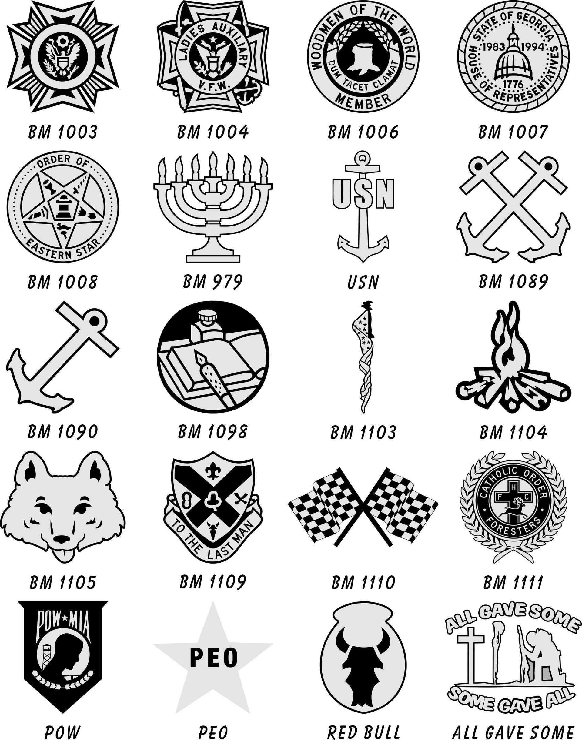 A grid of 20 black-and-white emblems and symbols, each with a corresponding identification code or label underneath.