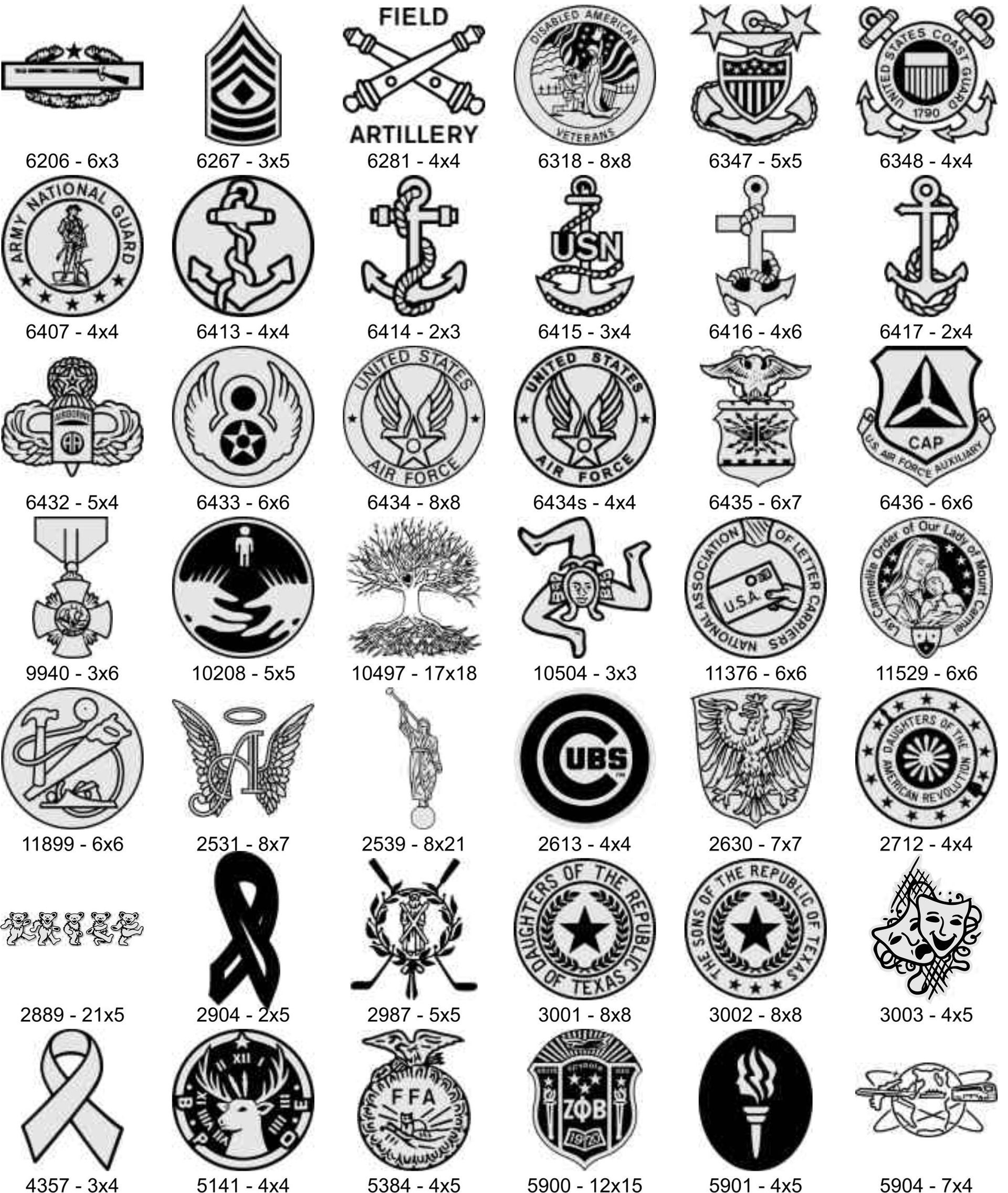 A grid of various black-and-white military insignias, emblems, and symbols, each with a numerical identification label.