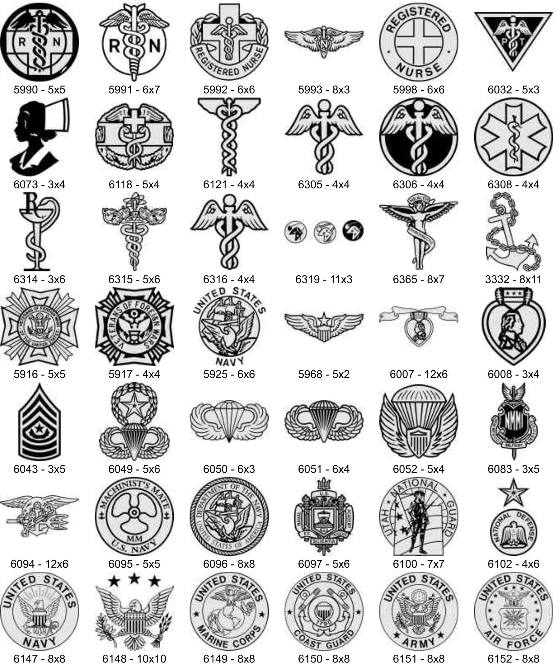 A grid of black-and-white military, nursing, and organizational emblems, including insignias, badges, and seals.
