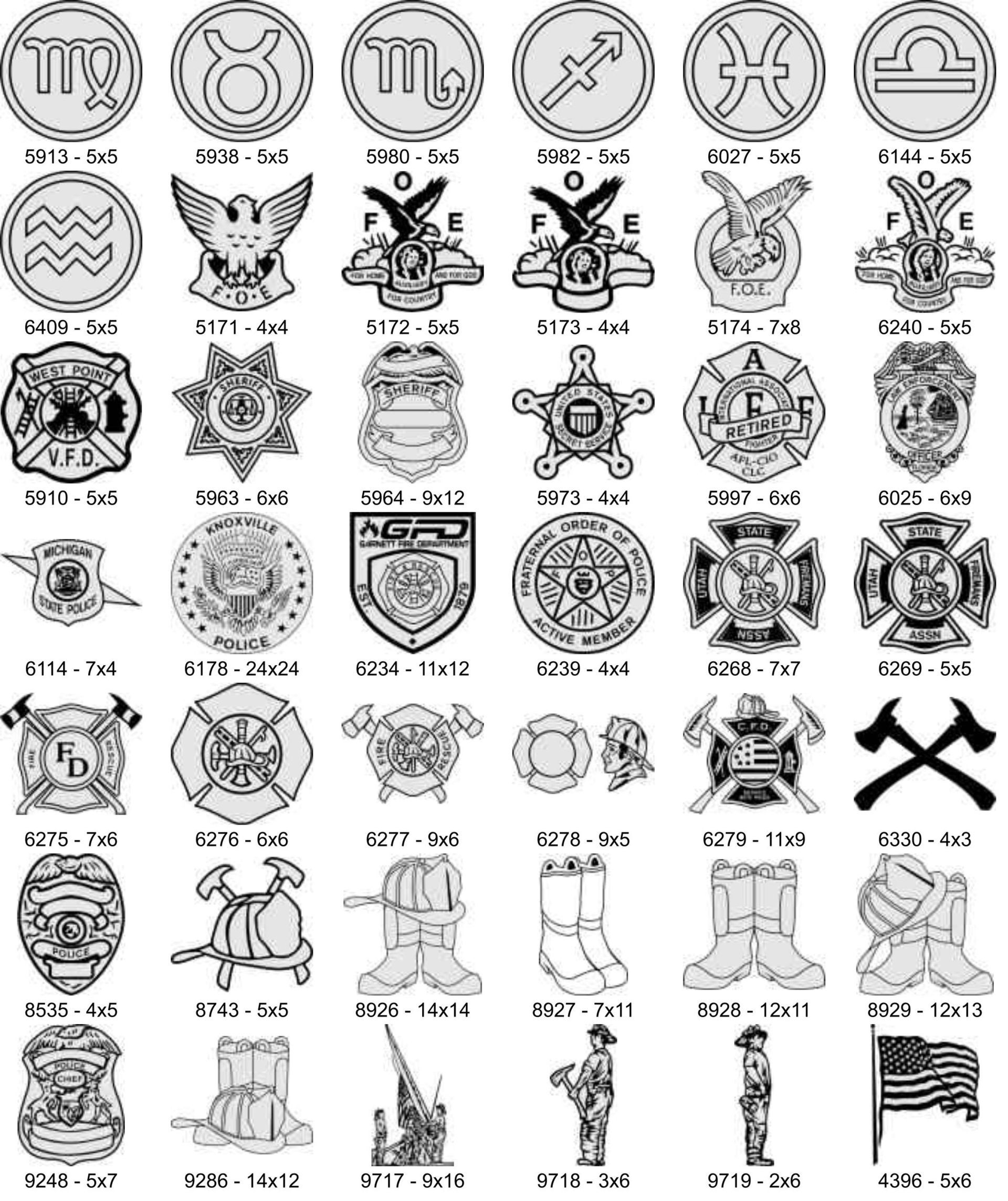 A grid of black-and-white icons including zodiac signs, fire service badges, axes, boots, and a US flag.