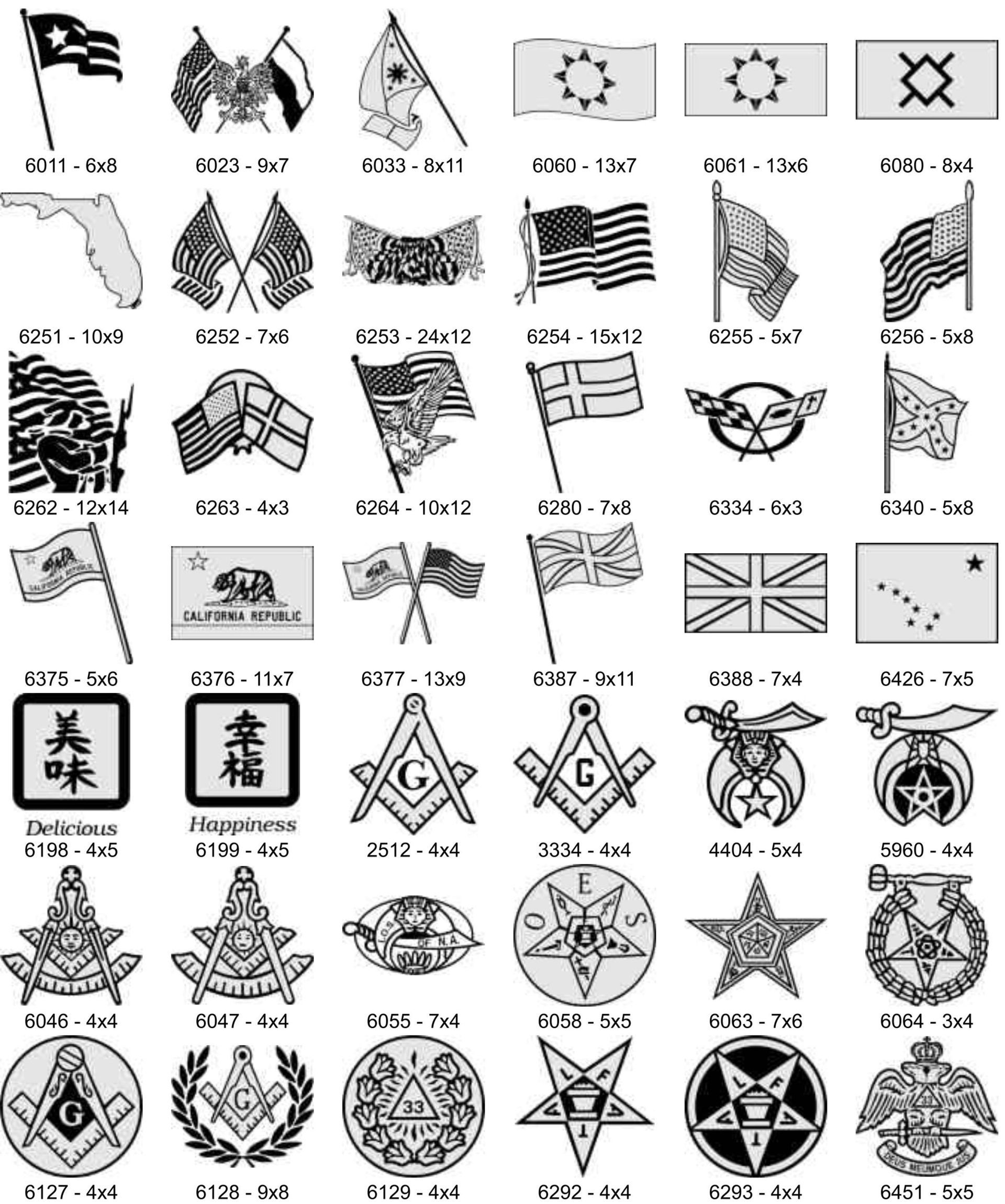A collection of black-and-white icons featuring various national and state flags, alongside numerous Masonic symbols.