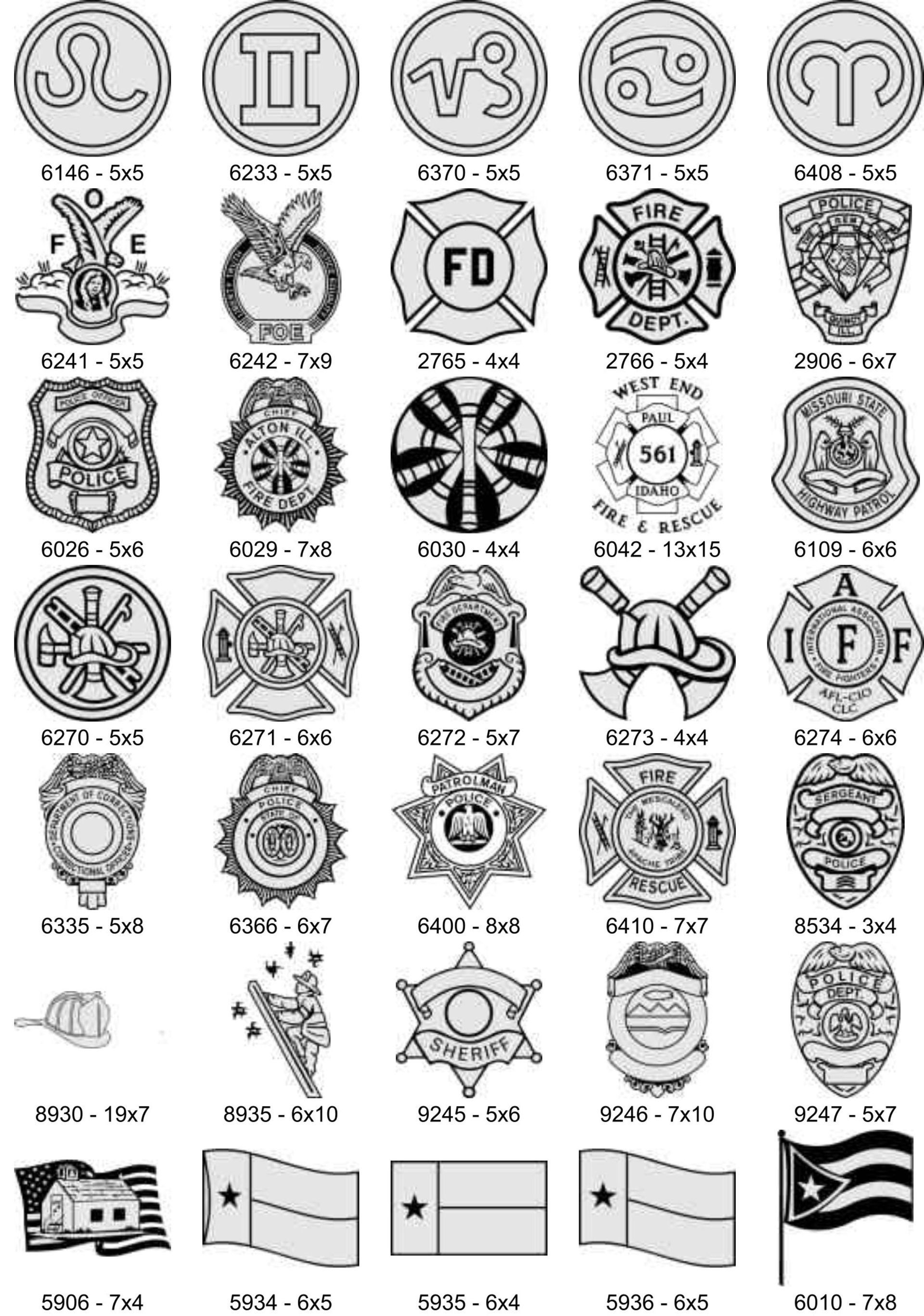 A grid of small monochrome icons including astrological symbols, fire department badges, and various flag designs.