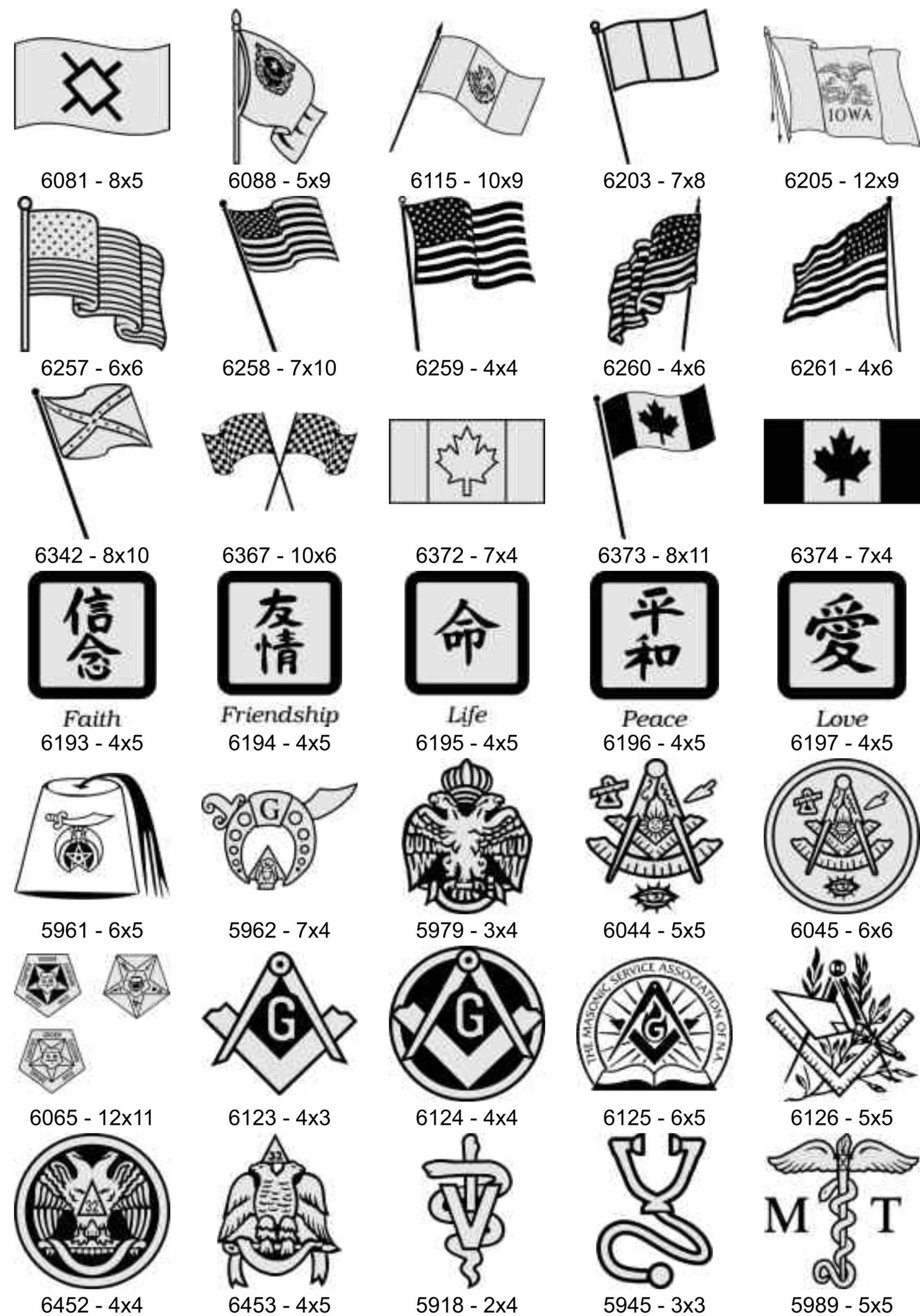 A grid of icons featuring flags, Japanese characters, Masonic symbols, and medical emblems, each with a reference code.