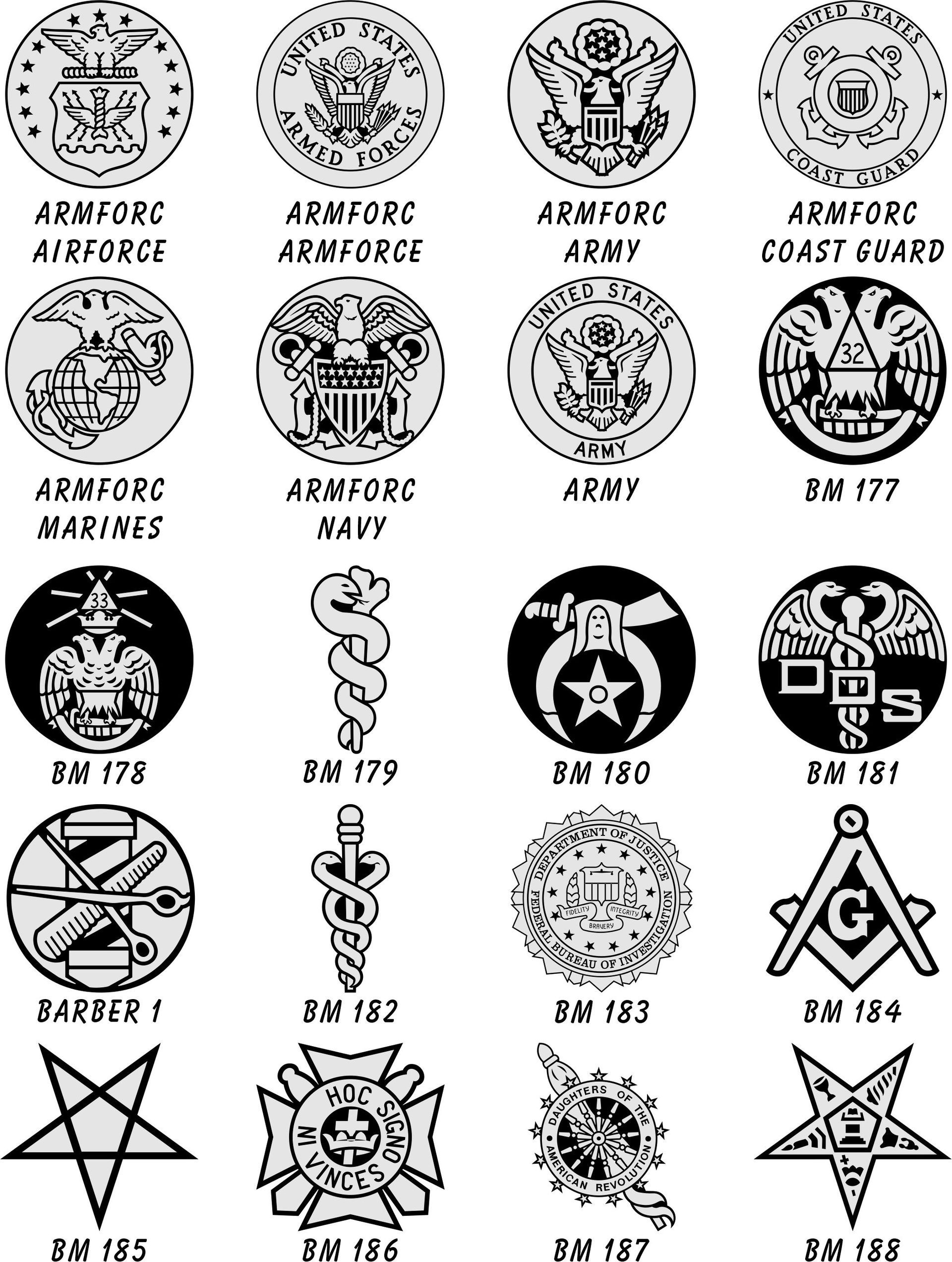 A grid of various military branch emblems, service symbols, and fraternal organization icons in black and white.