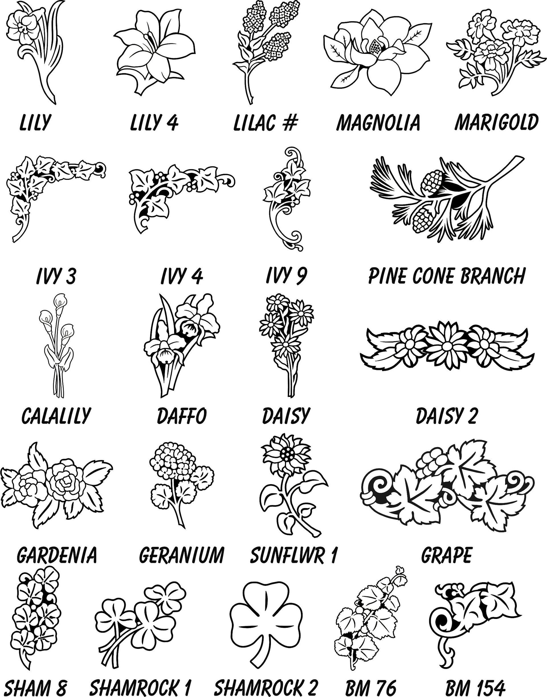 A grid of black-and-white botanical line art designs, labeled with names like Lily, Ivy, Daisy, and Shamrock.