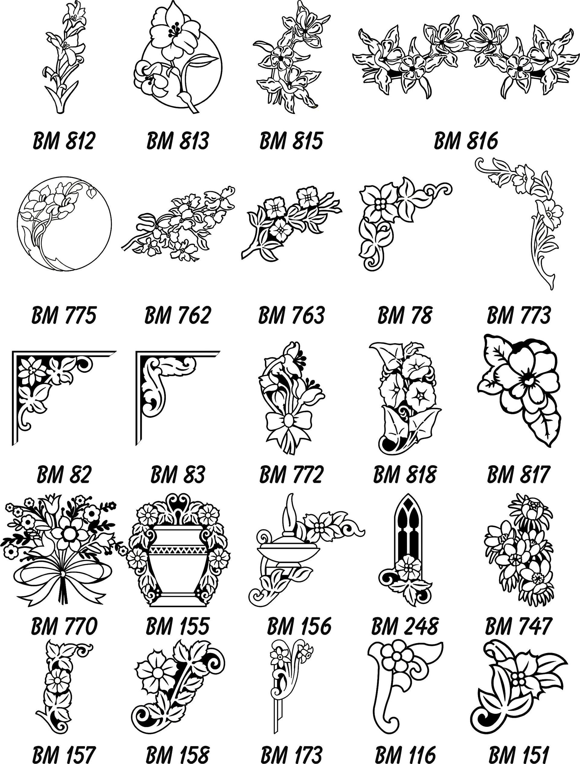 A catalog page showing twenty-five black-and-white line art floral and decorative scroll designs for memorial engravings.