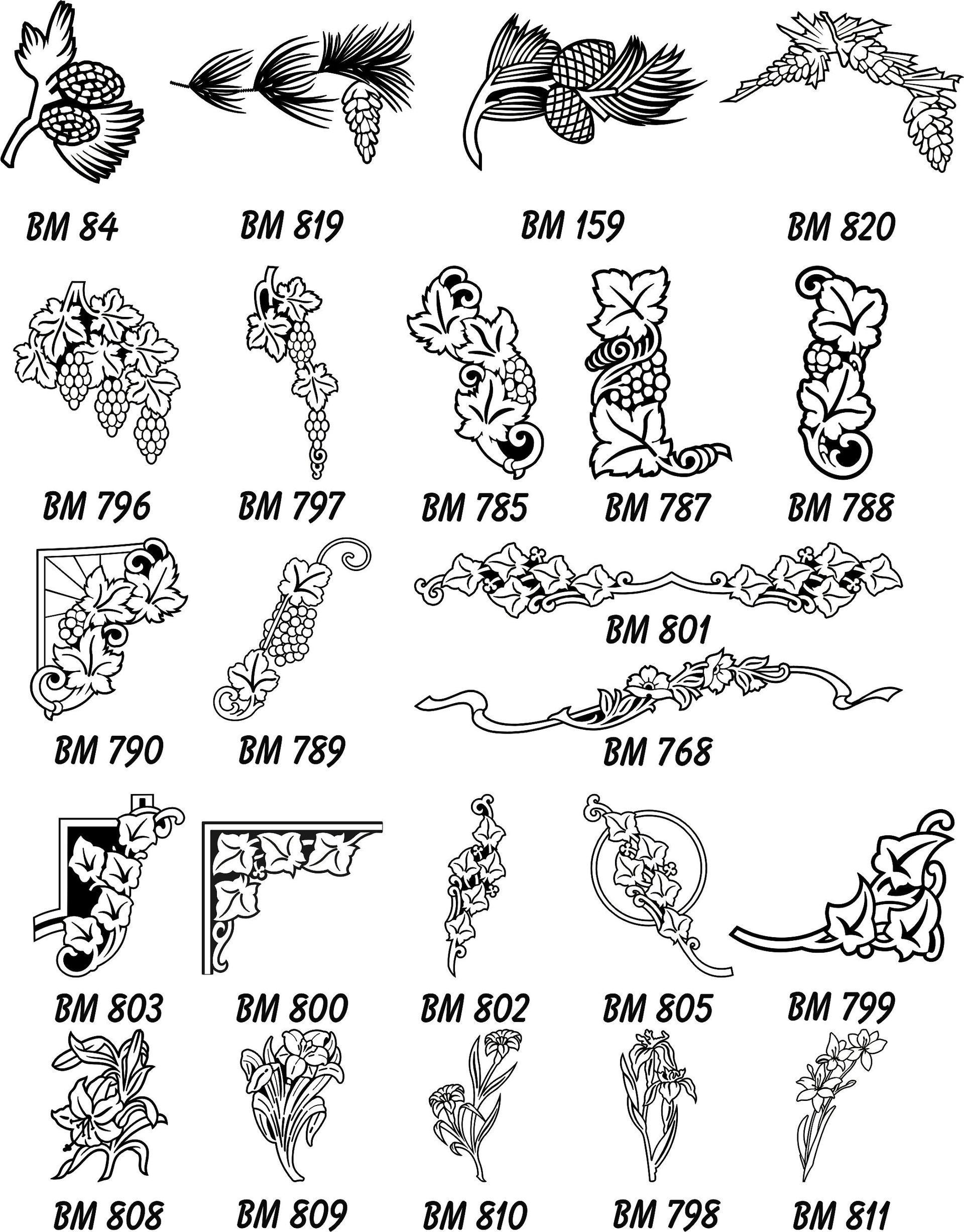 A collection of twenty-one black and white floral and vine ornamental designs, each labeled with a reference code.