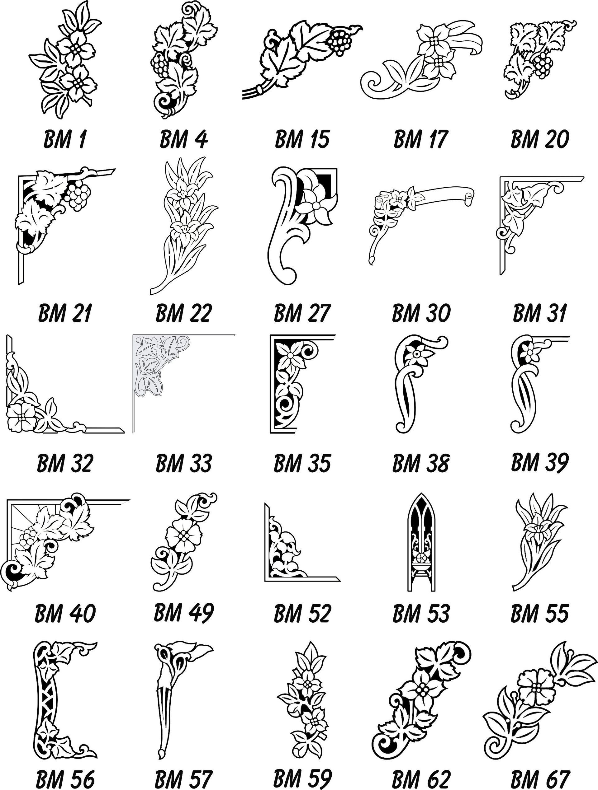 A grid of 25 black and white floral and scrollwork decorative motifs, each labeled with a reference code from BM 1 to 67.