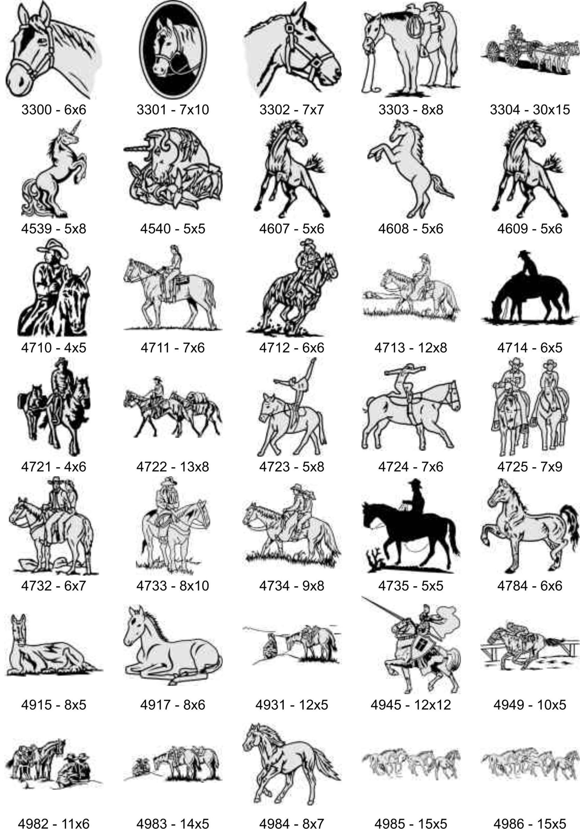 A grid showing various horse-themed embroidery or decal designs, including portraits, riders, and group scenes.