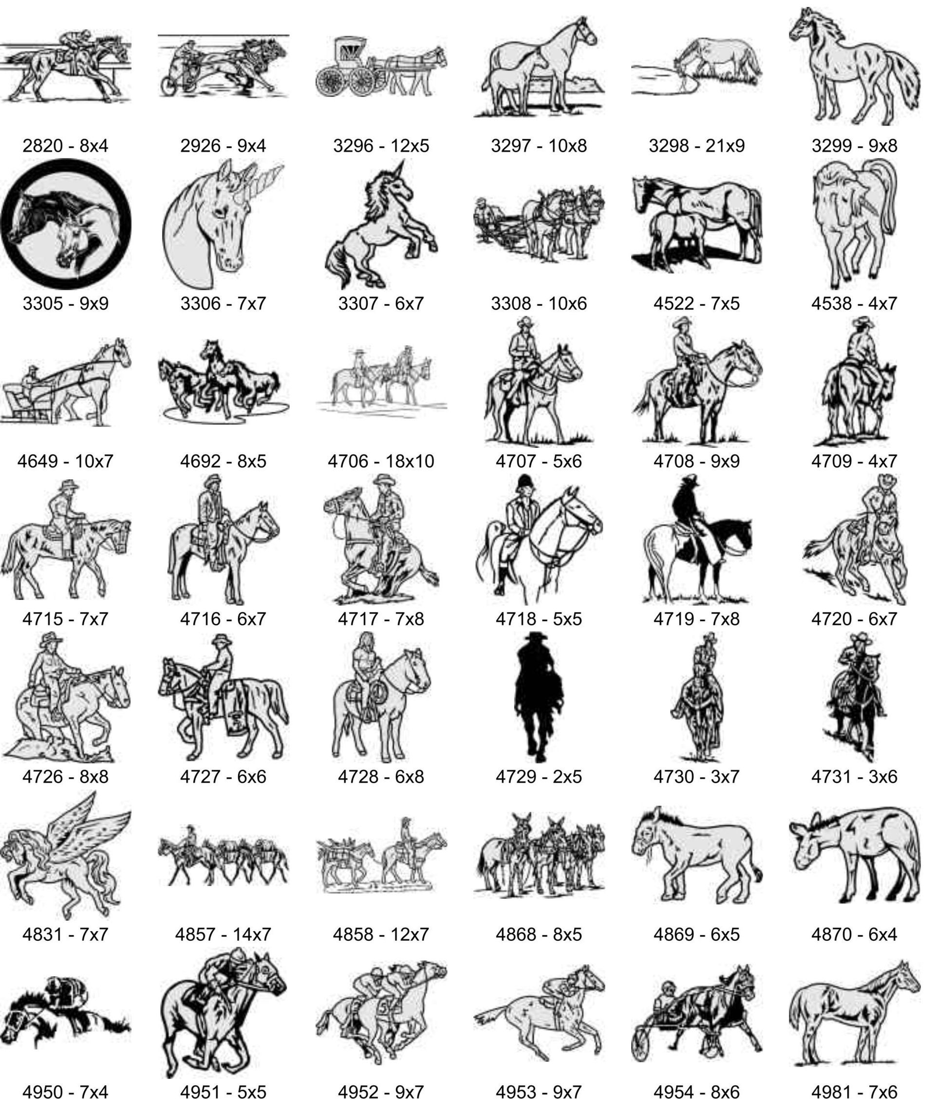 A grid of small, black-and-white illustrations of horses, riders, and horse-drawn carriages with corresponding labels.