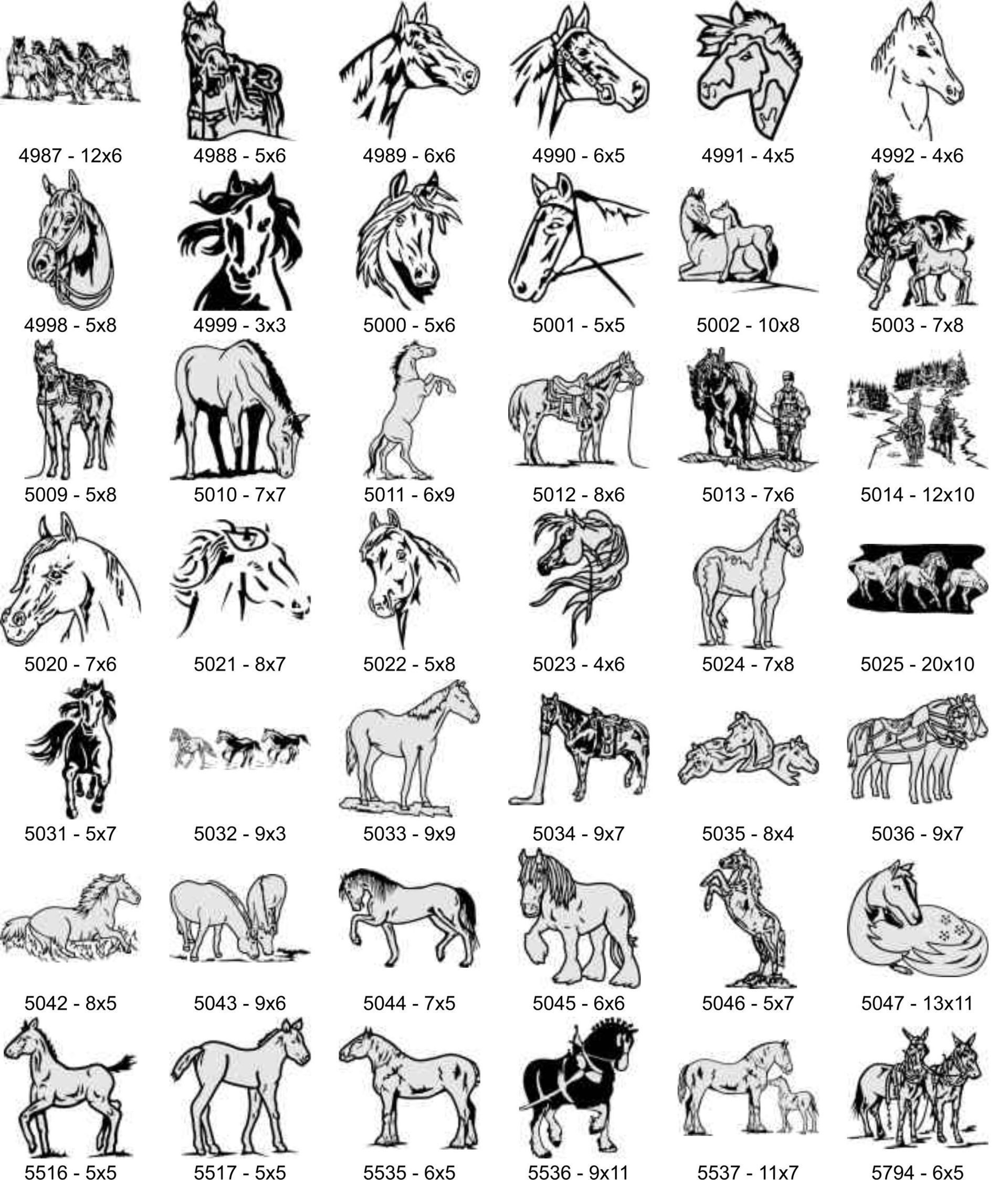 A grid of 42 line art illustrations of horses in various poses, each labeled with a code and measurements.